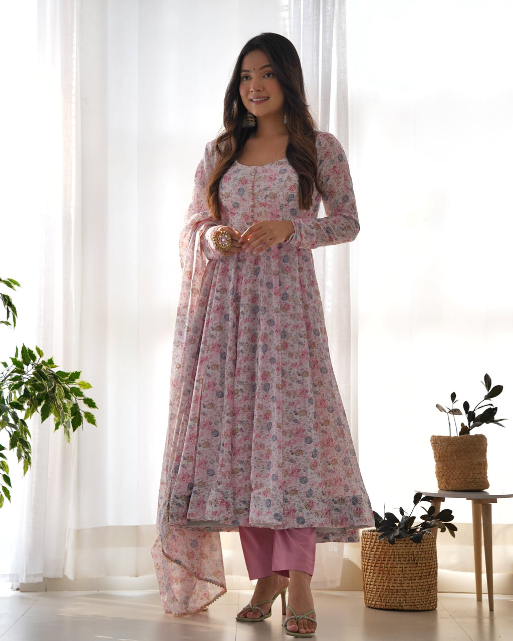 Light Pink Chiffon Floral Print Anarkali gown  Partywear Gown Indian Dress