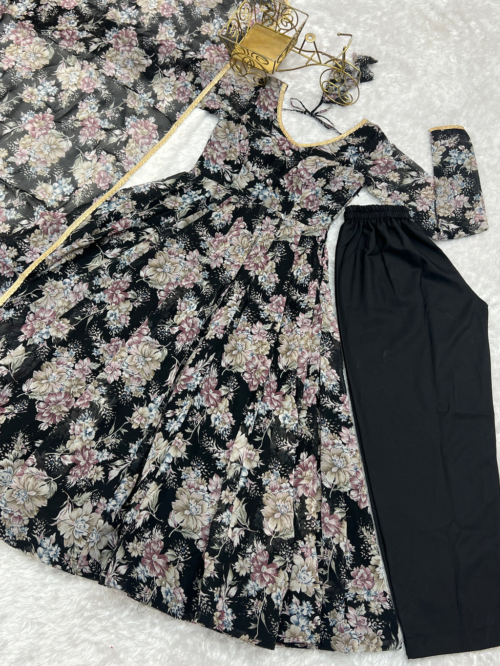 Black Floral Anarkali Dress Georgette Gown Full Stitched Partywear Gown Indian Dress