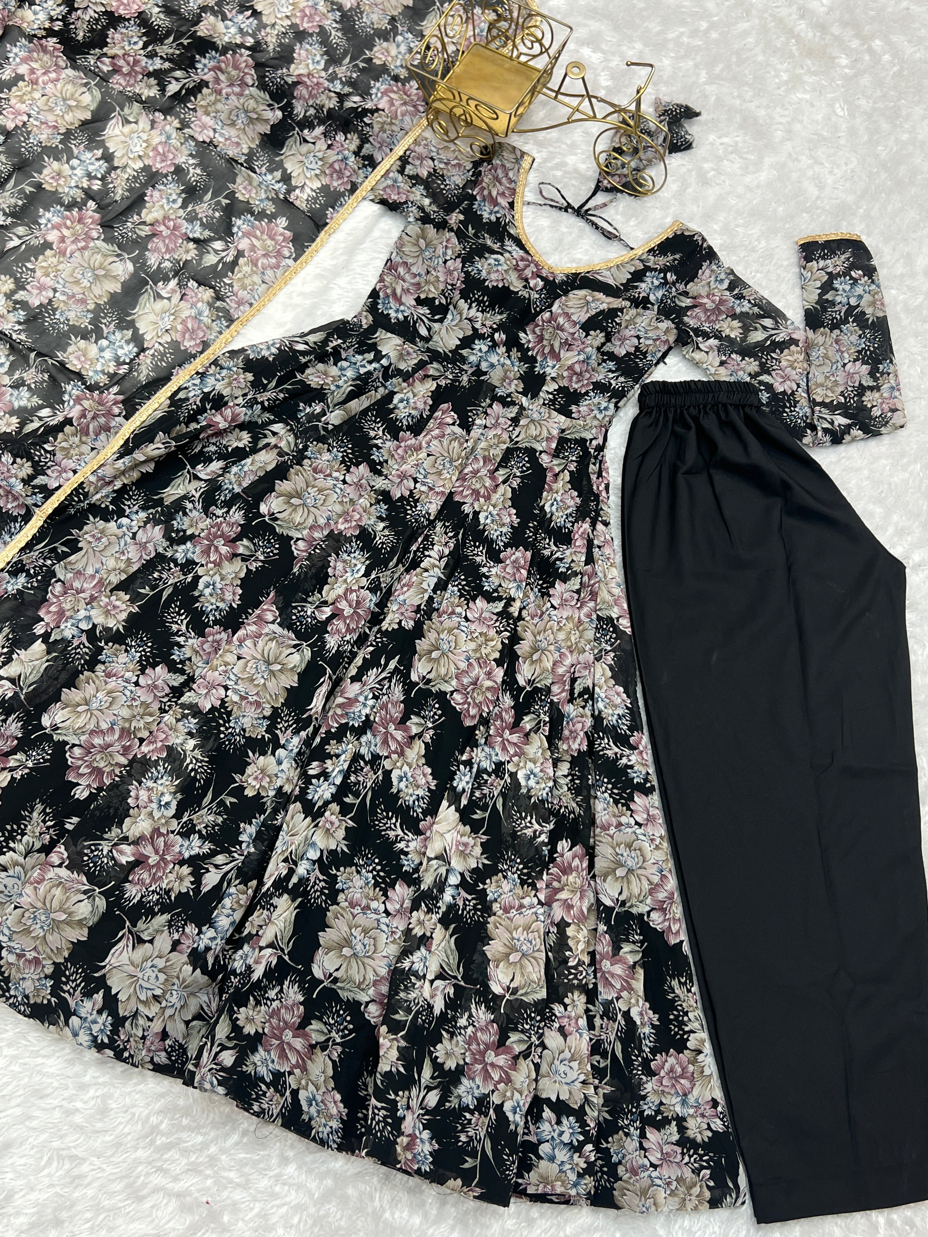 Black Floral Anarkali Dress Georgette Gown Full Stitched Partywear Gown Indian Dress