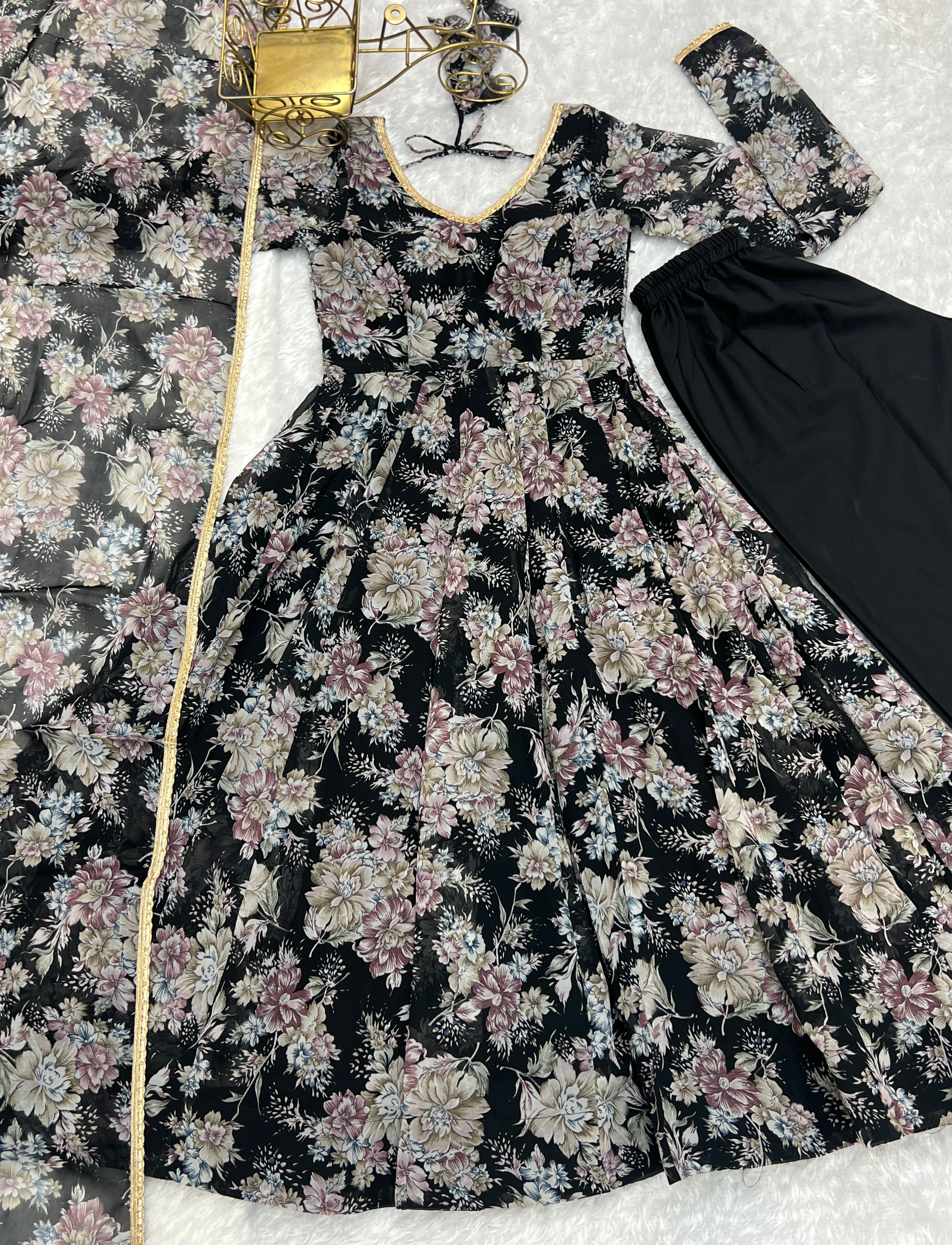 Black Floral Anarkali Dress Georgette Gown Full Stitched Partywear Gown Indian Dress
