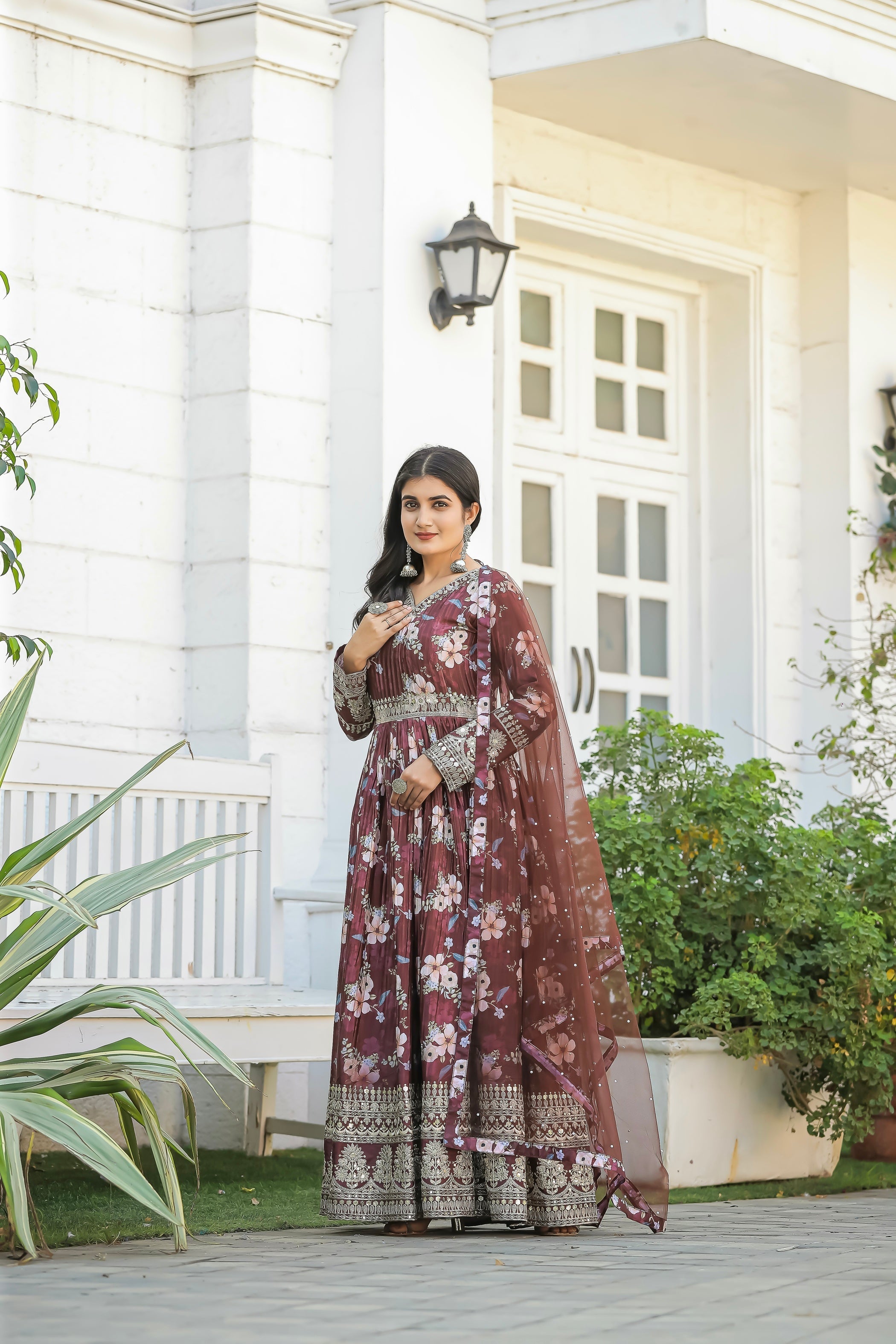 Festival Wear Anarkali Gown Partywear Floral Gown with Dupatta Indian Suit