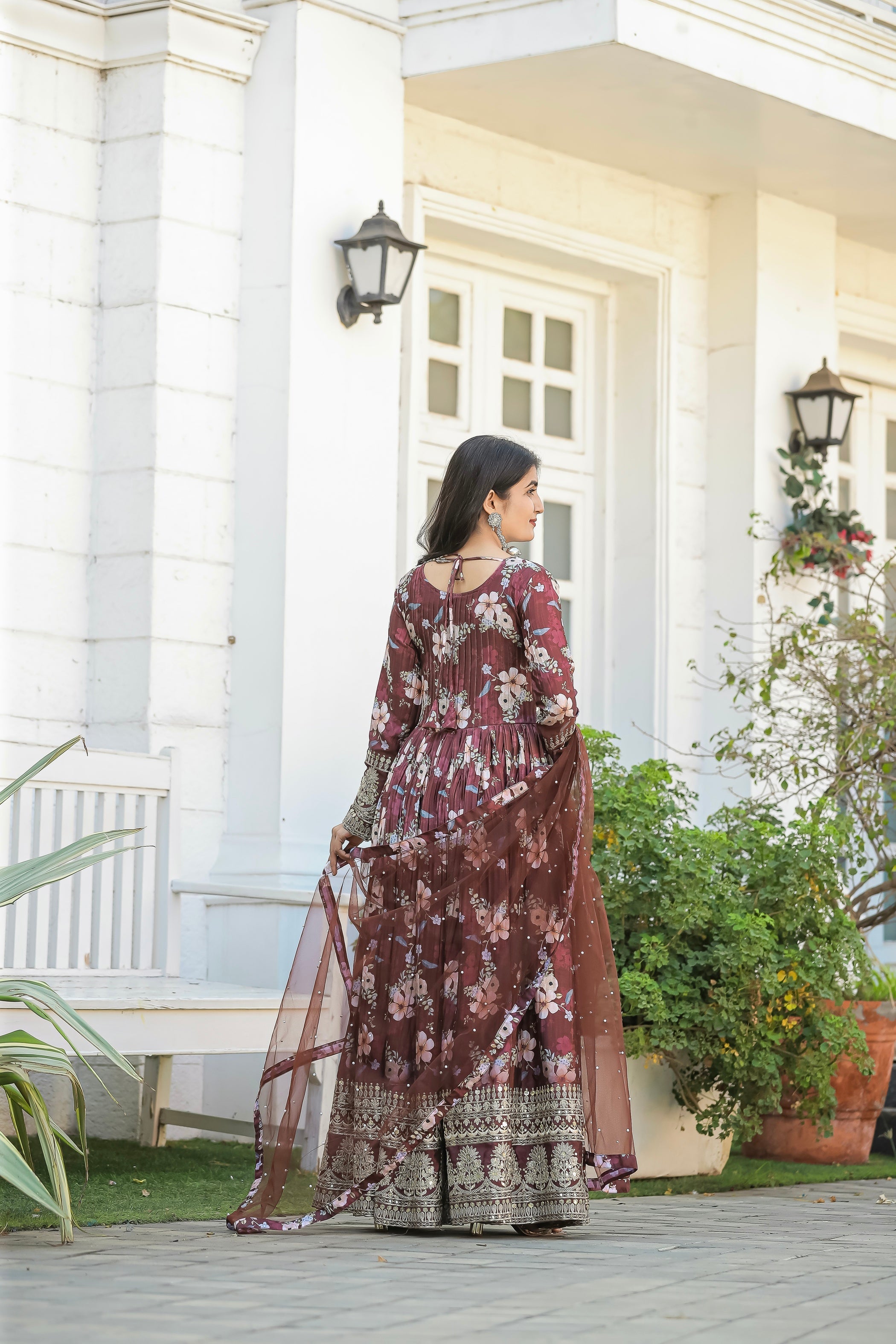 Festival Wear Anarkali Gown Partywear Floral Gown with Dupatta Indian Suit