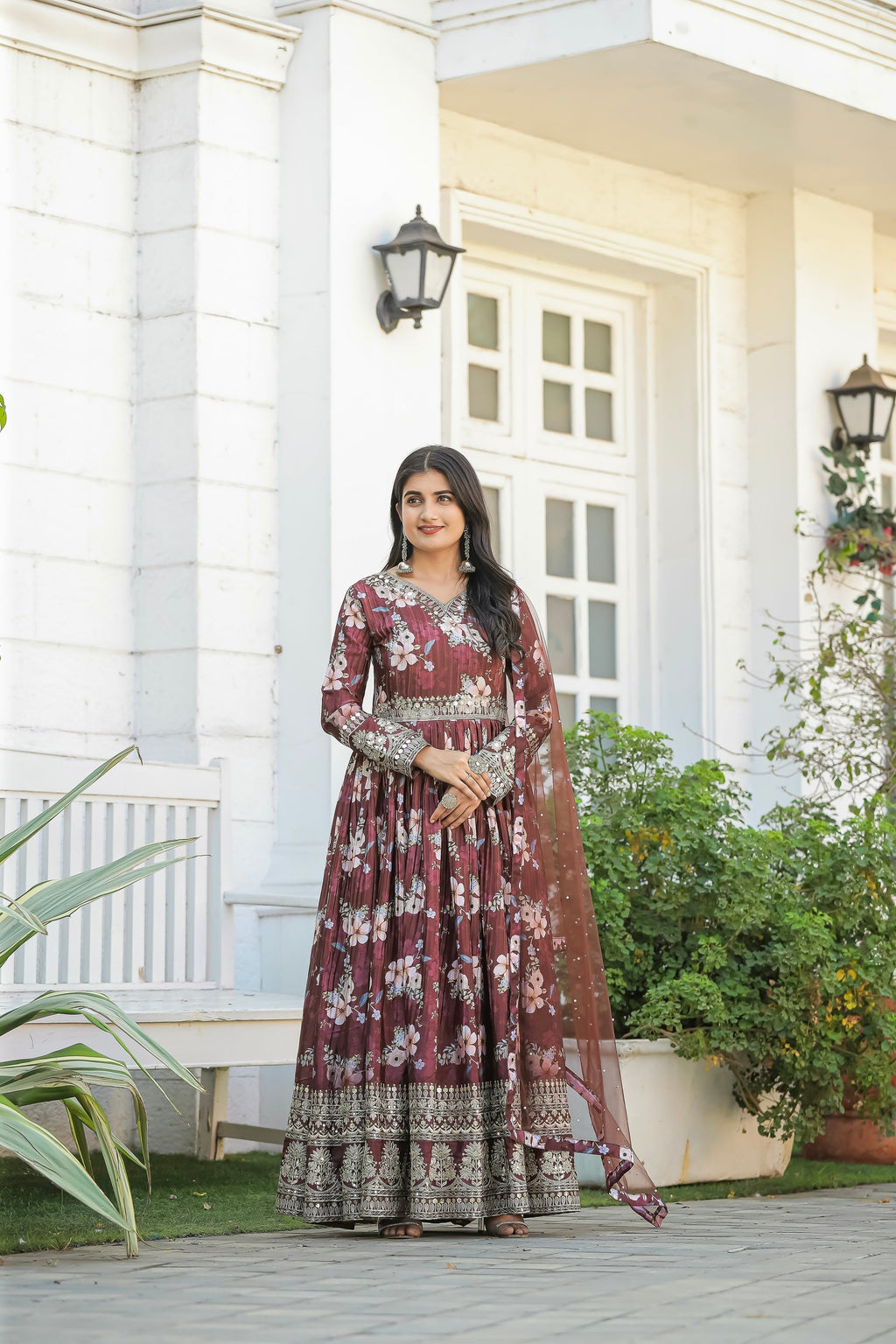 Festival Wear Anarkali Gown Partywear Floral Gown with Dupatta Indian Suit