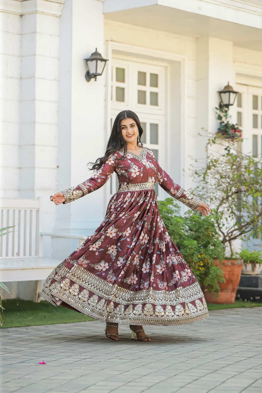 Festival Wear Anarkali Gown Partywear Floral Gown with Dupatta Indian Suit