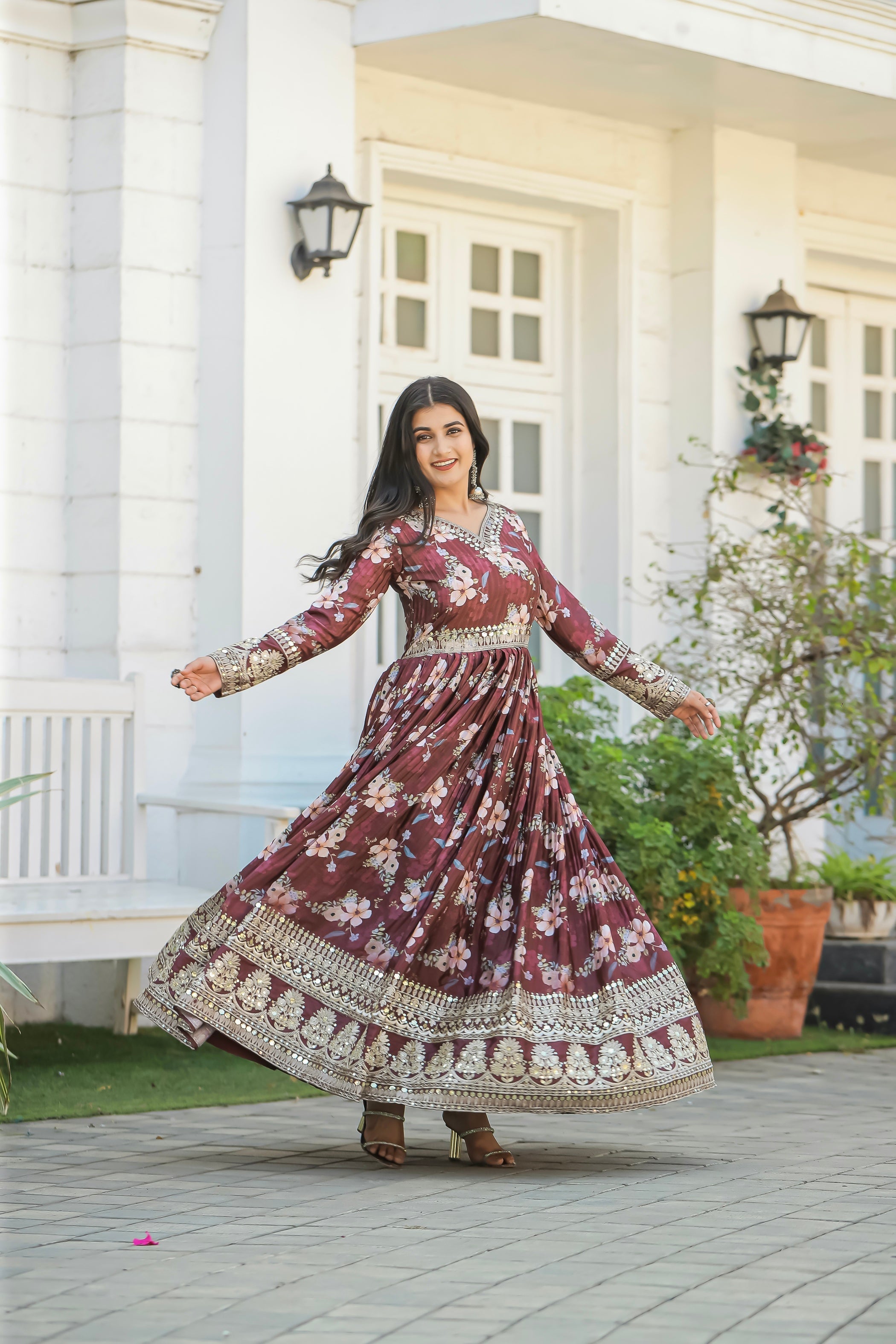 Festival Wear Anarkali Gown Partywear Floral Gown with Dupatta Indian Suit