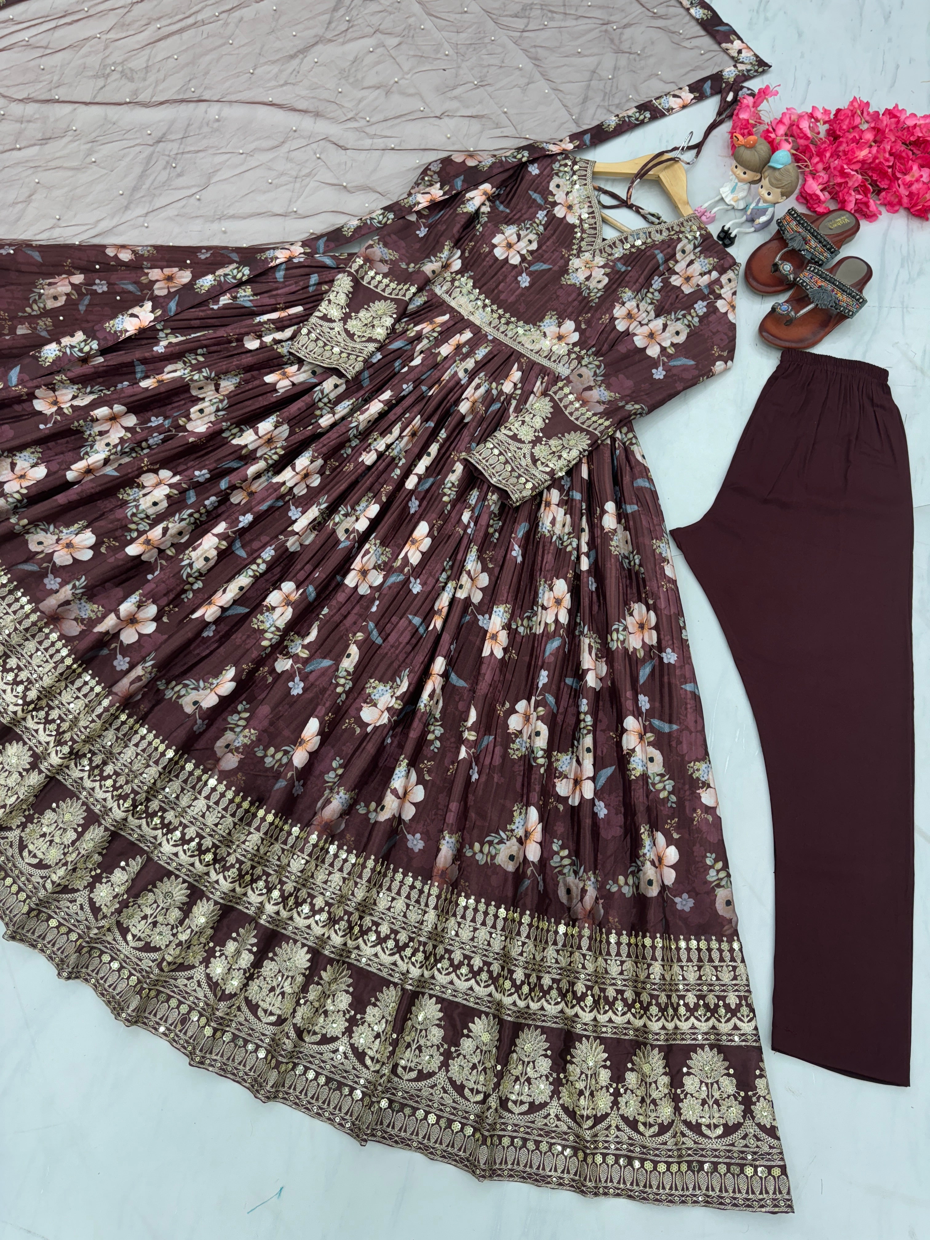 Festival Wear Anarkali Gown Partywear Floral Gown with Dupatta Indian Suit