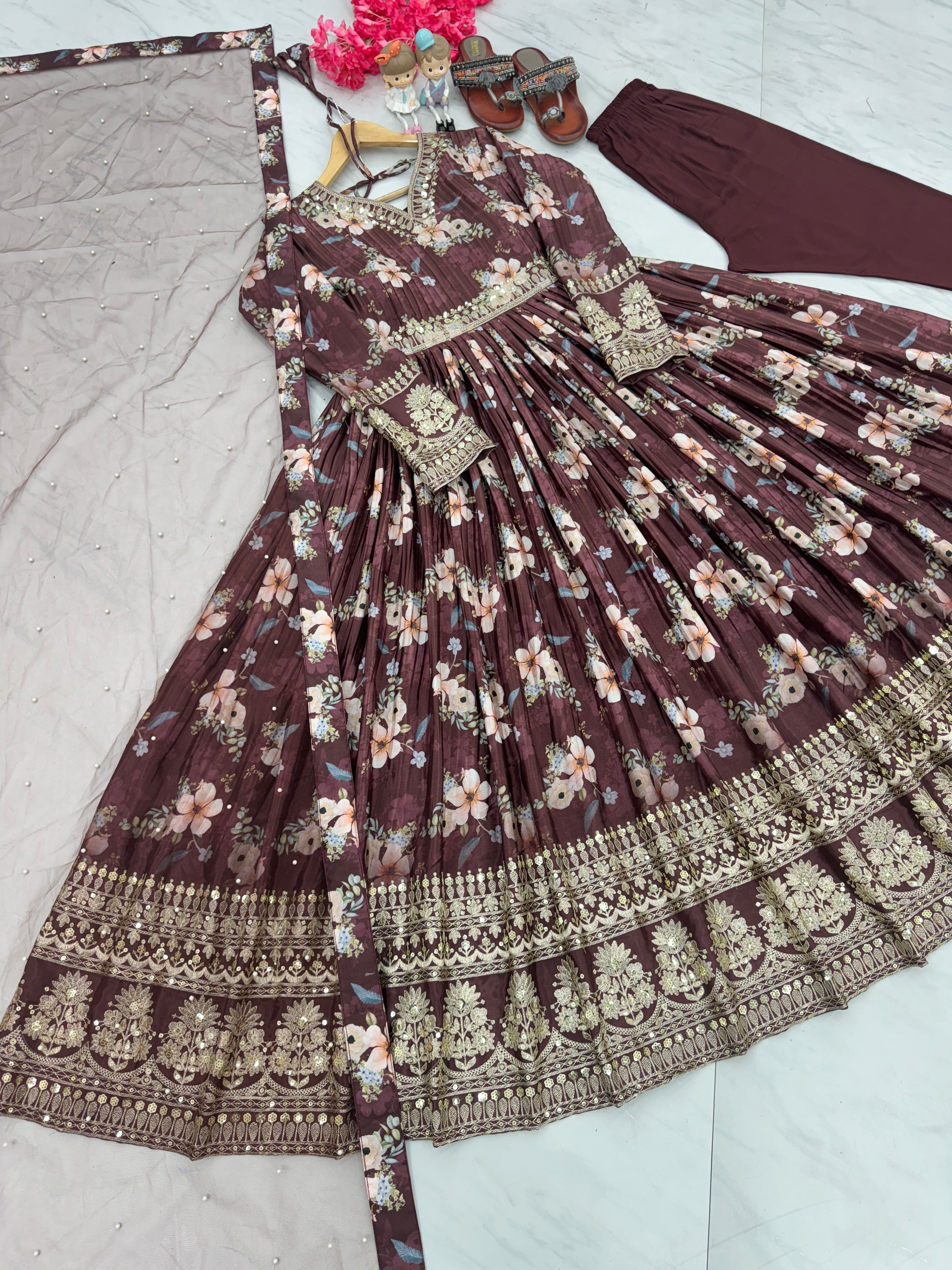 Festival Wear Anarkali Gown Partywear Floral Gown with Dupatta Indian Suit