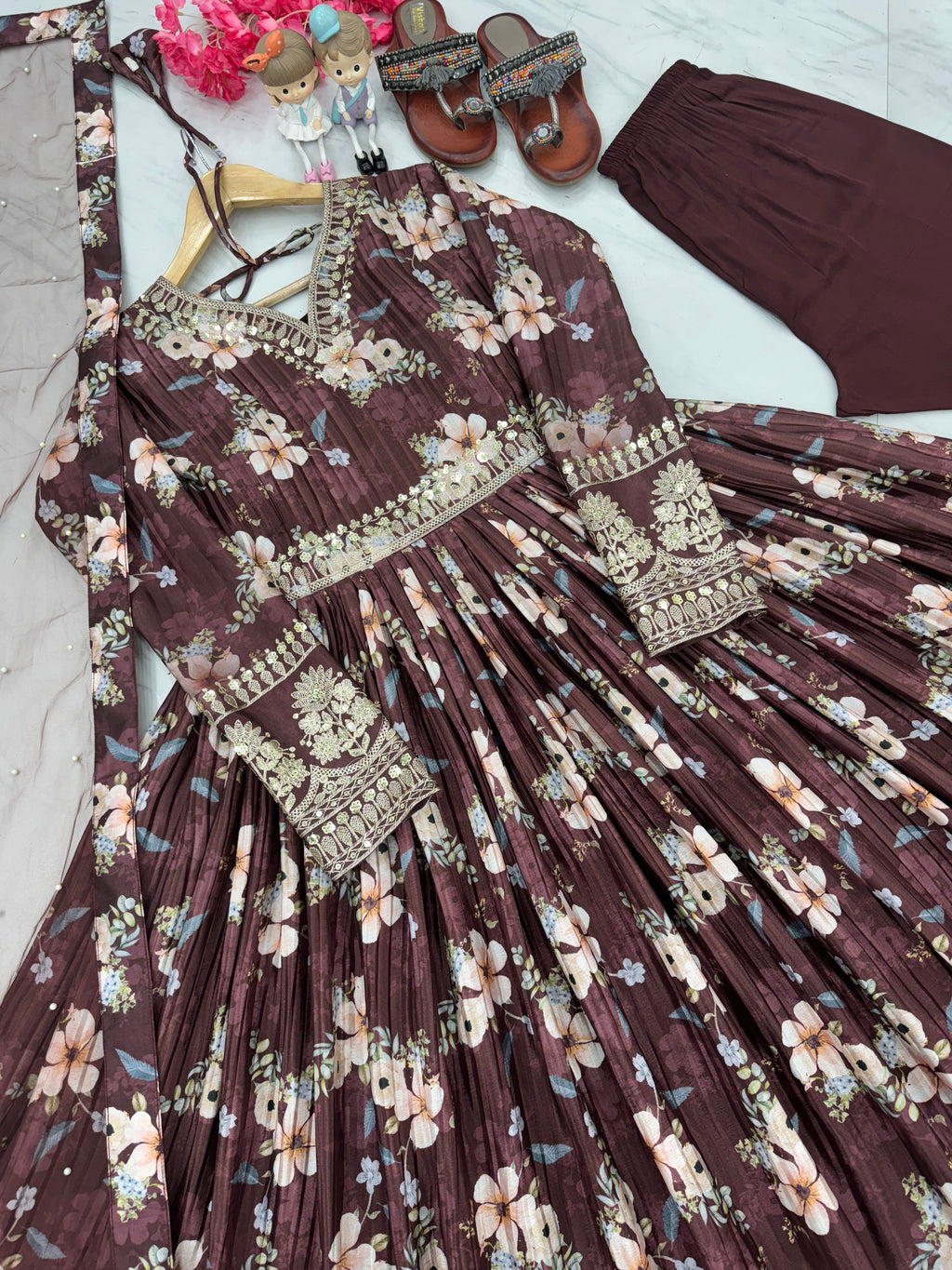Festival Wear Anarkali Gown Partywear Floral Gown with Dupatta Indian Suit