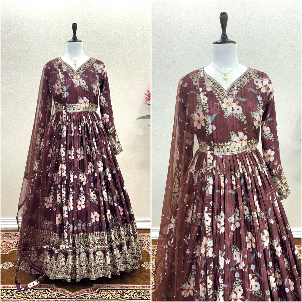 Festival Wear Anarkali Gown Partywear Floral Gown with Dupatta Indian Suit