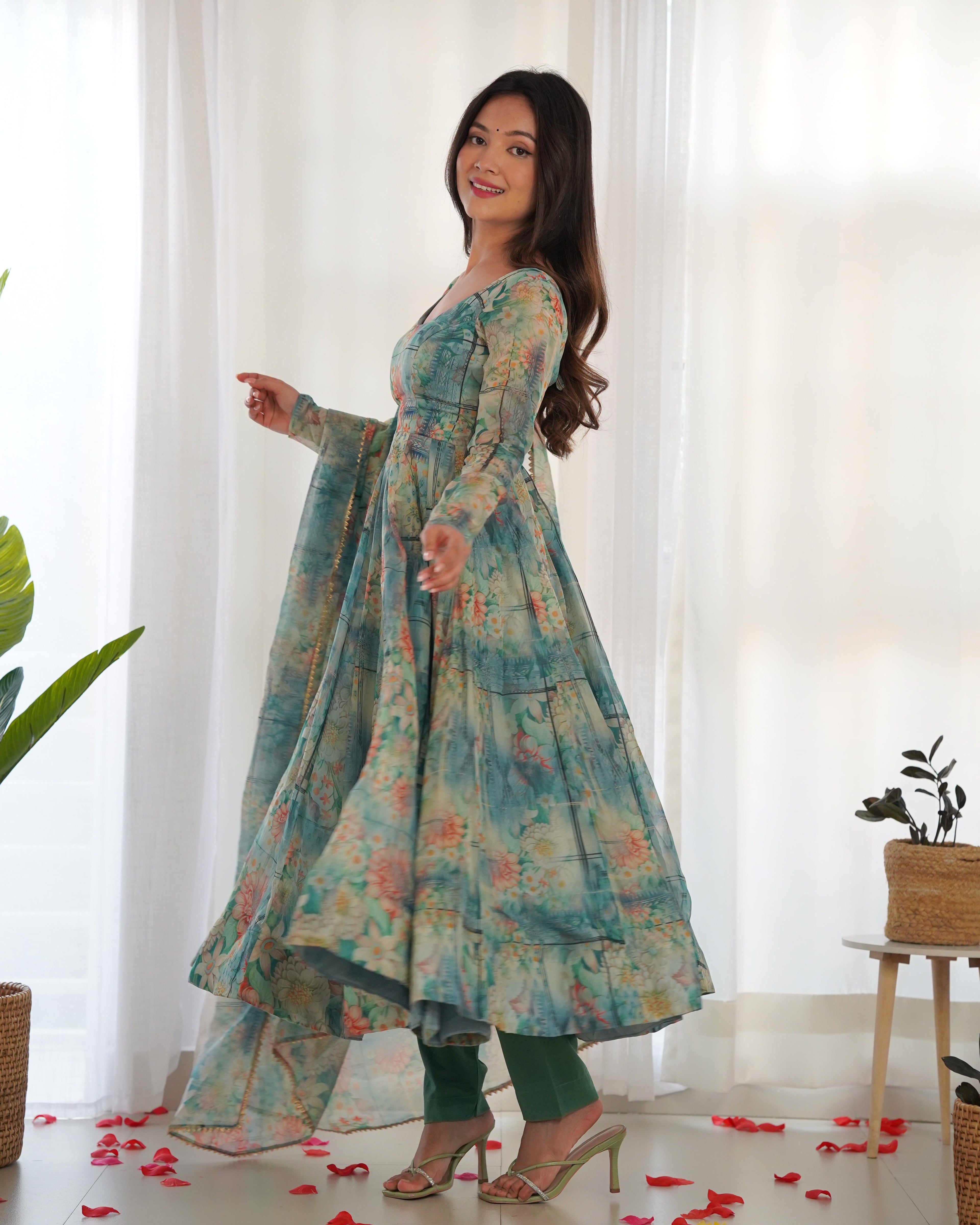 Light Green Anarkali gown Heavy Pure Fox Kali Pattern And Canvas Patt Full Stitched Partywear Gown Indian Dress