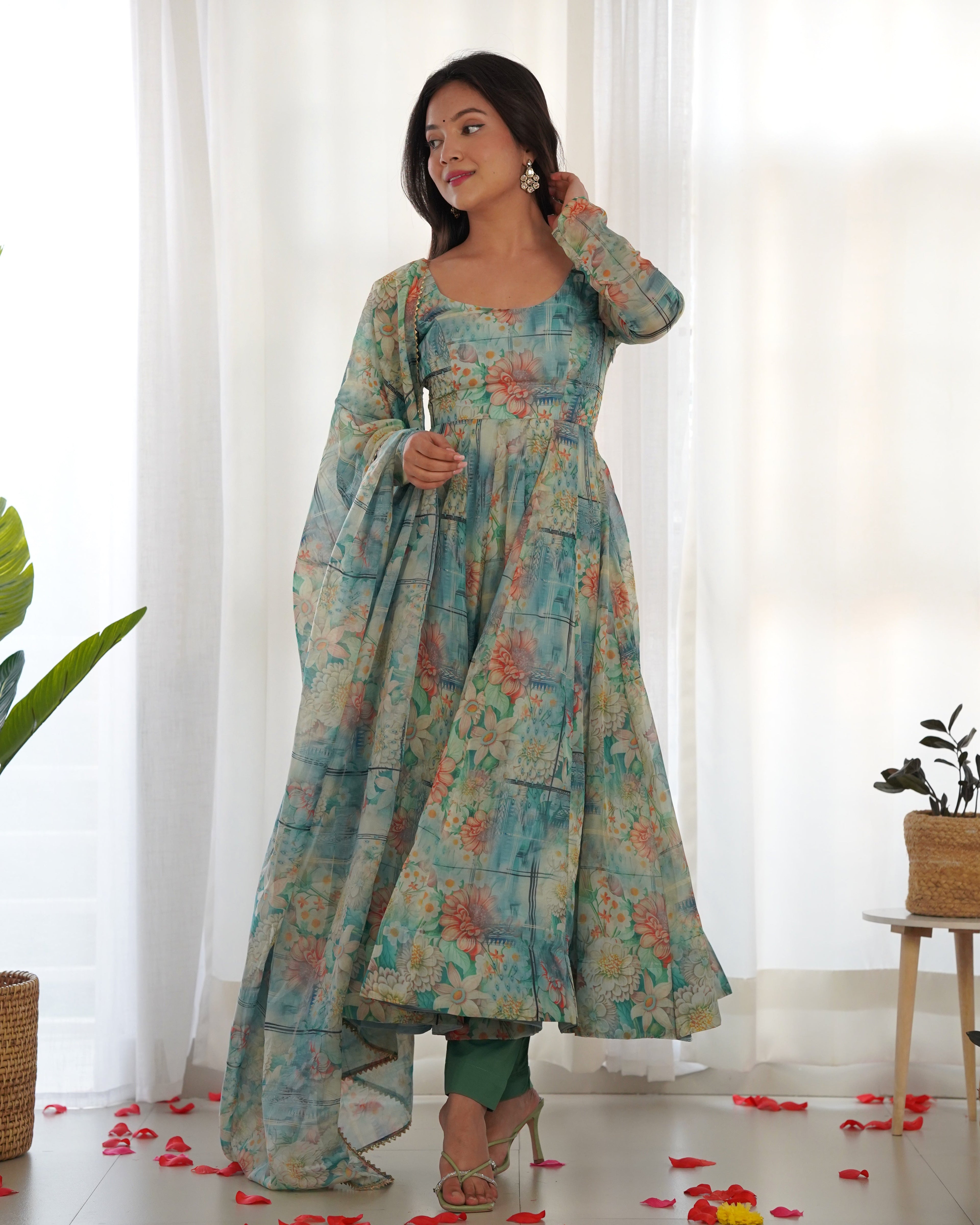 Light Green Anarkali gown Heavy Pure Fox Kali Pattern And Canvas Patt Full Stitched Partywear Gown Indian Dress