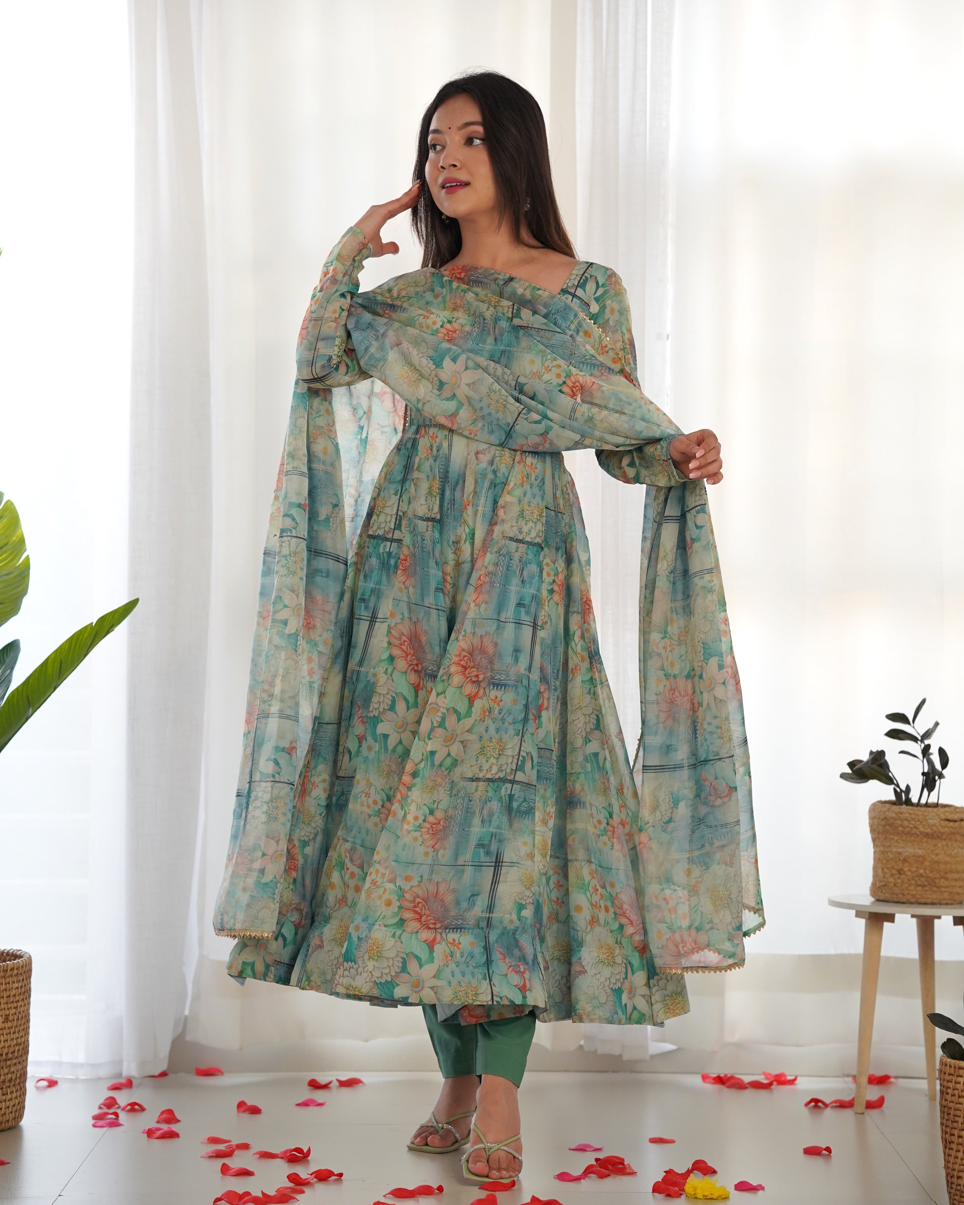 Light Green Anarkali gown Heavy Pure Fox Kali Pattern And Canvas Patt Full Stitched Partywear Gown Indian Dress