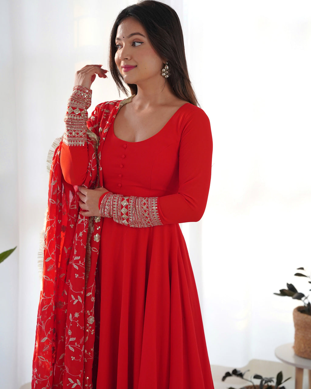 Red Designer Anarkali gown Flared Gown Wedding wear dress Full Stitched With Sequins Dupatta