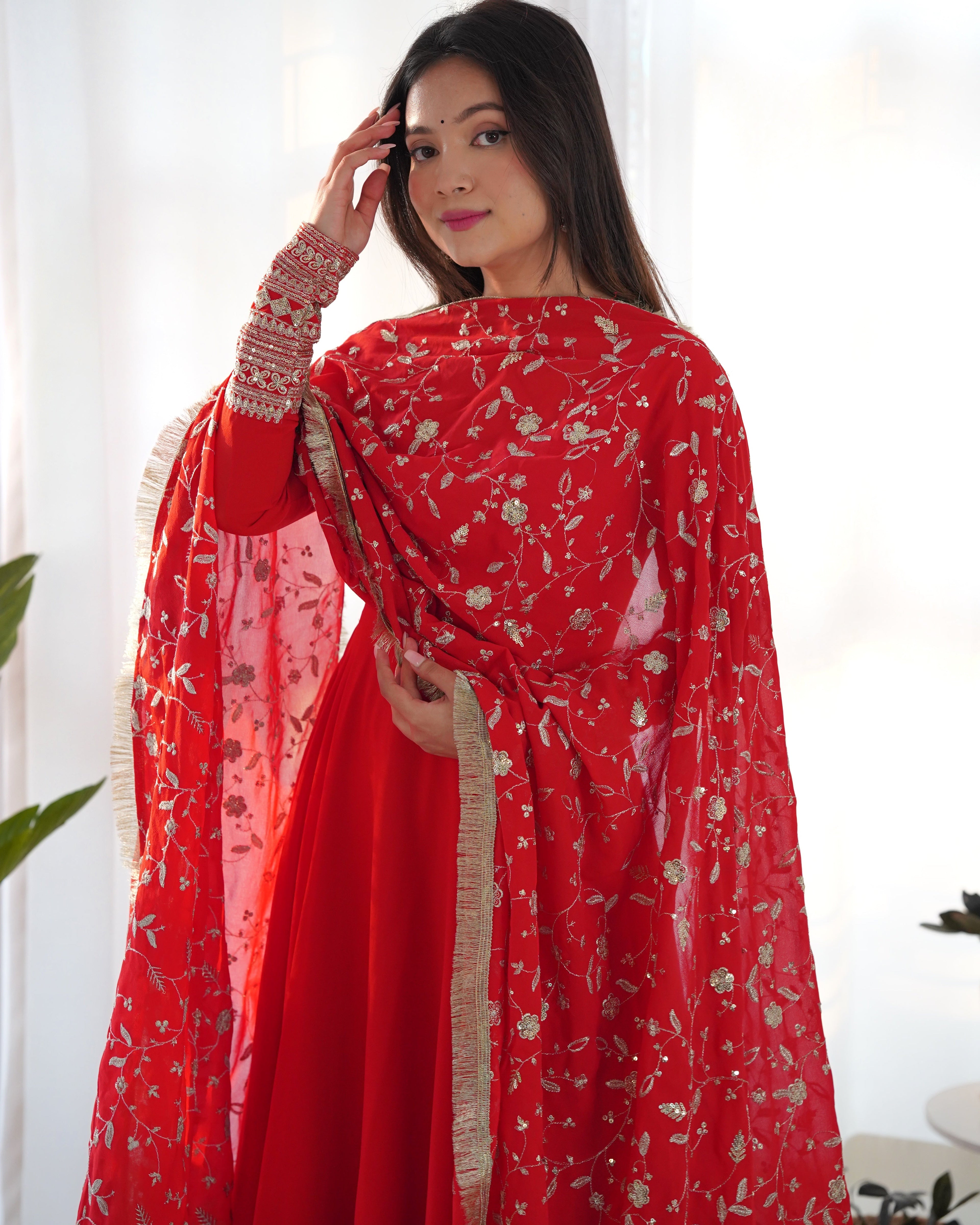 Red Designer Anarkali gown Flared Gown Wedding wear dress Full Stitched With Sequins Dupatta