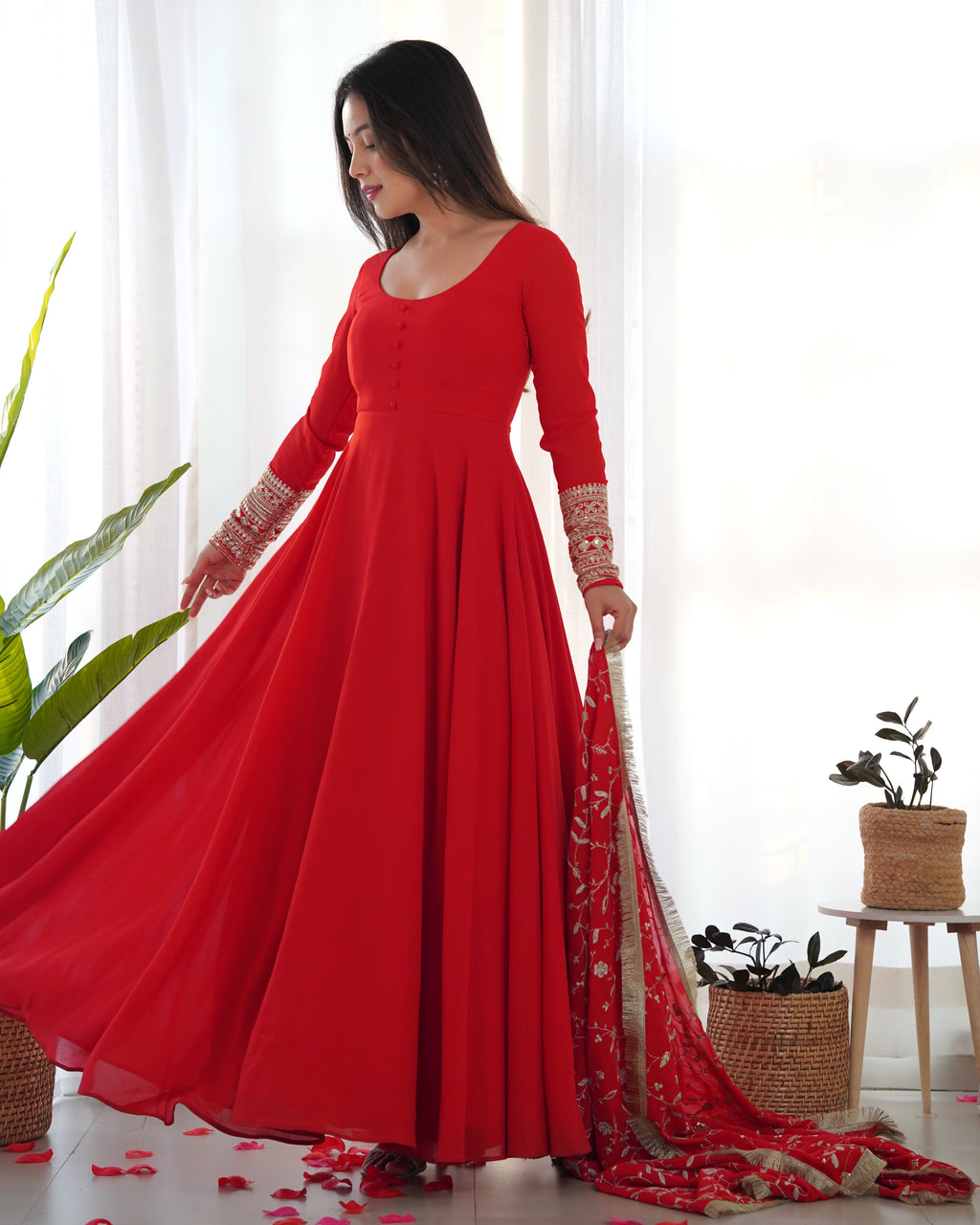 Red Designer Anarkali gown Flared Gown Wedding wear dress Full Stitched With Sequins Dupatta