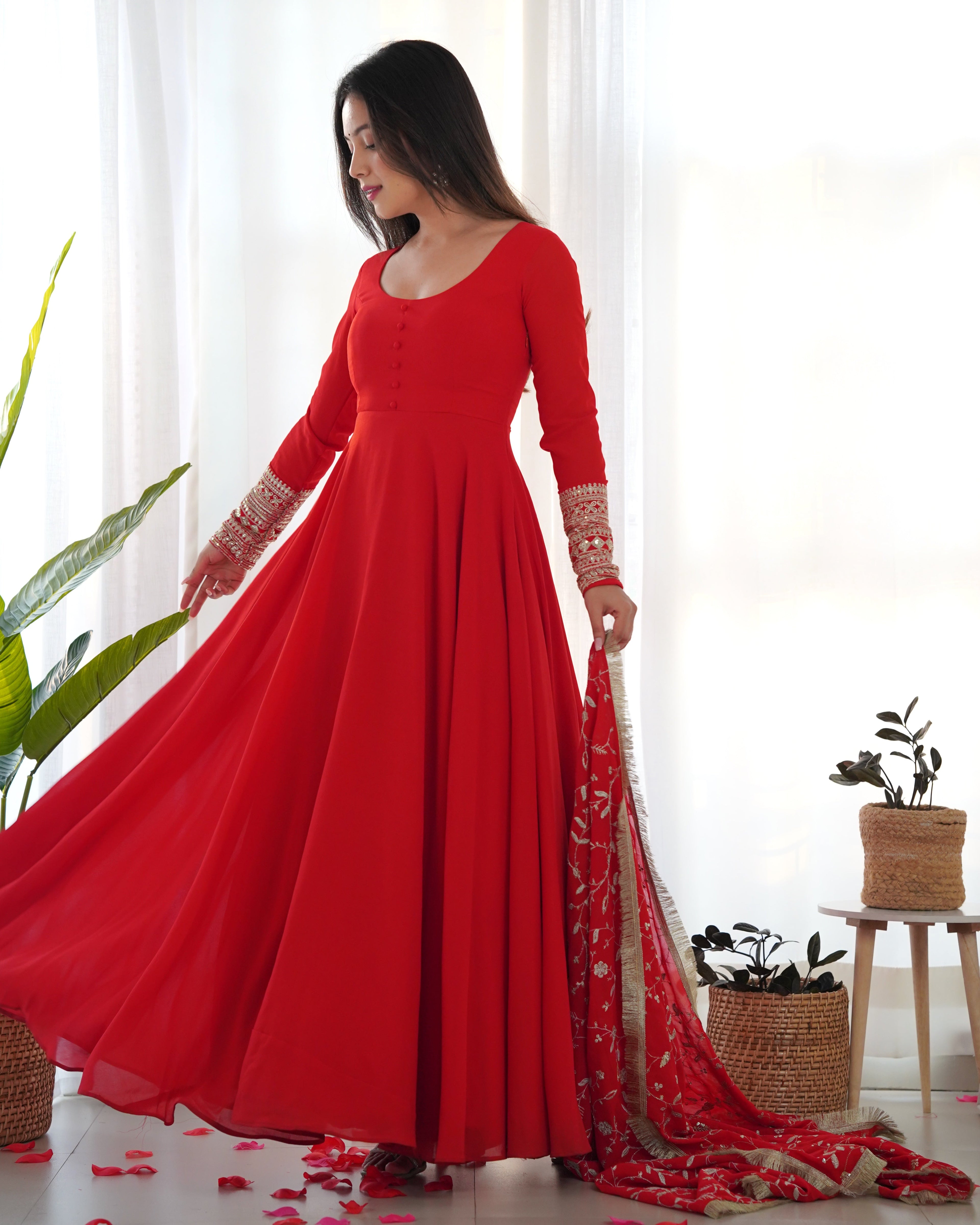 Red Designer Anarkali gown Flared Gown Wedding wear dress Full Stitched With Sequins Dupatta