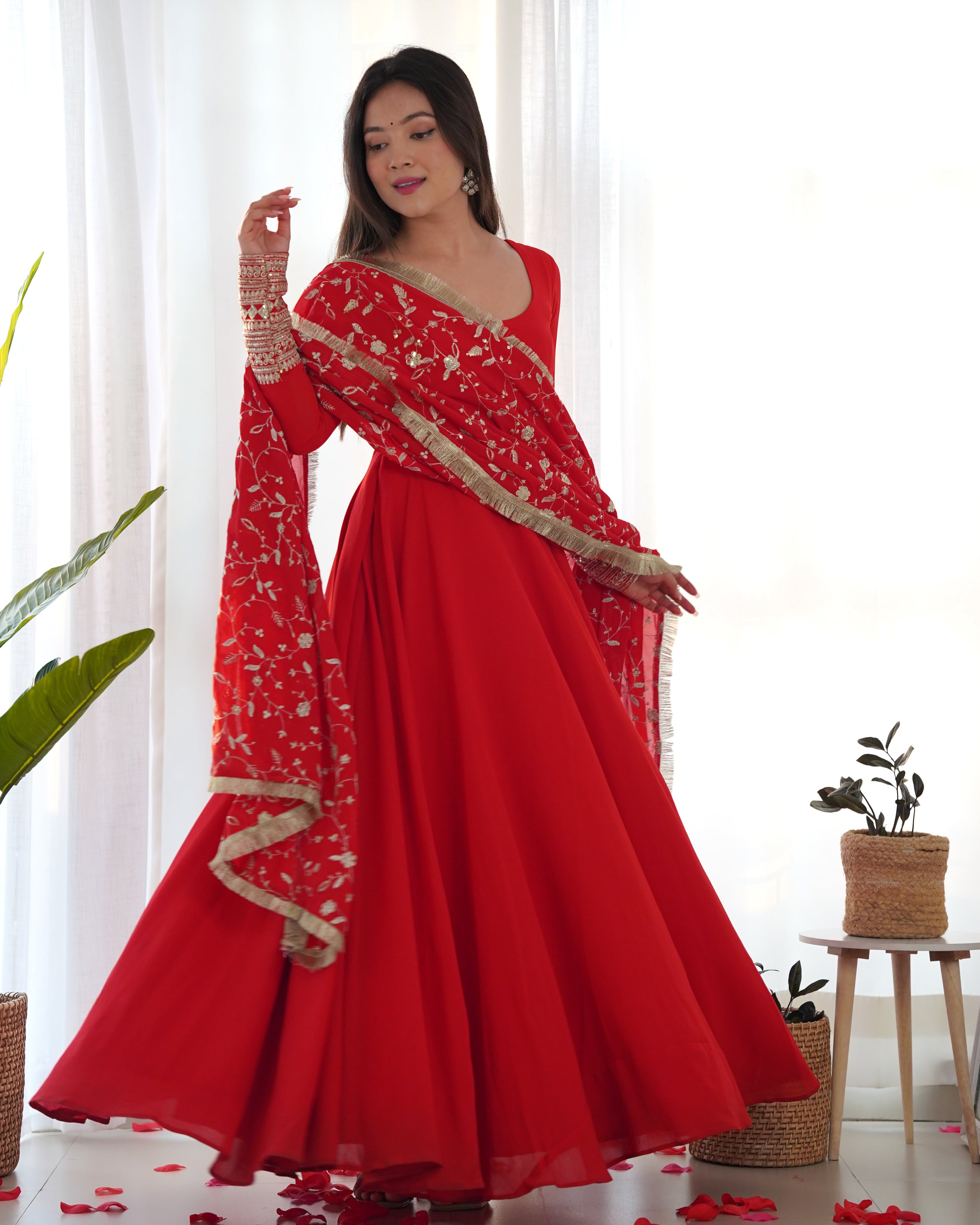 Red Designer Anarkali gown Flared Gown Wedding wear dress Full Stitched With Sequins Dupatta