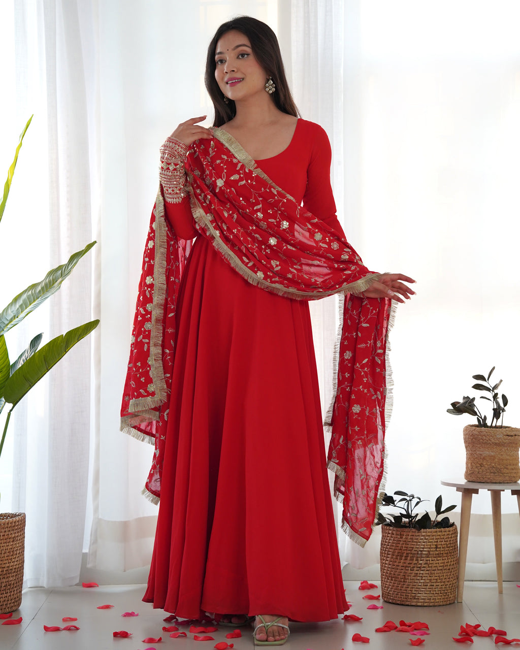 Red Designer Anarkali gown Flared Gown Wedding wear dress Full Stitched With Sequins Dupatta