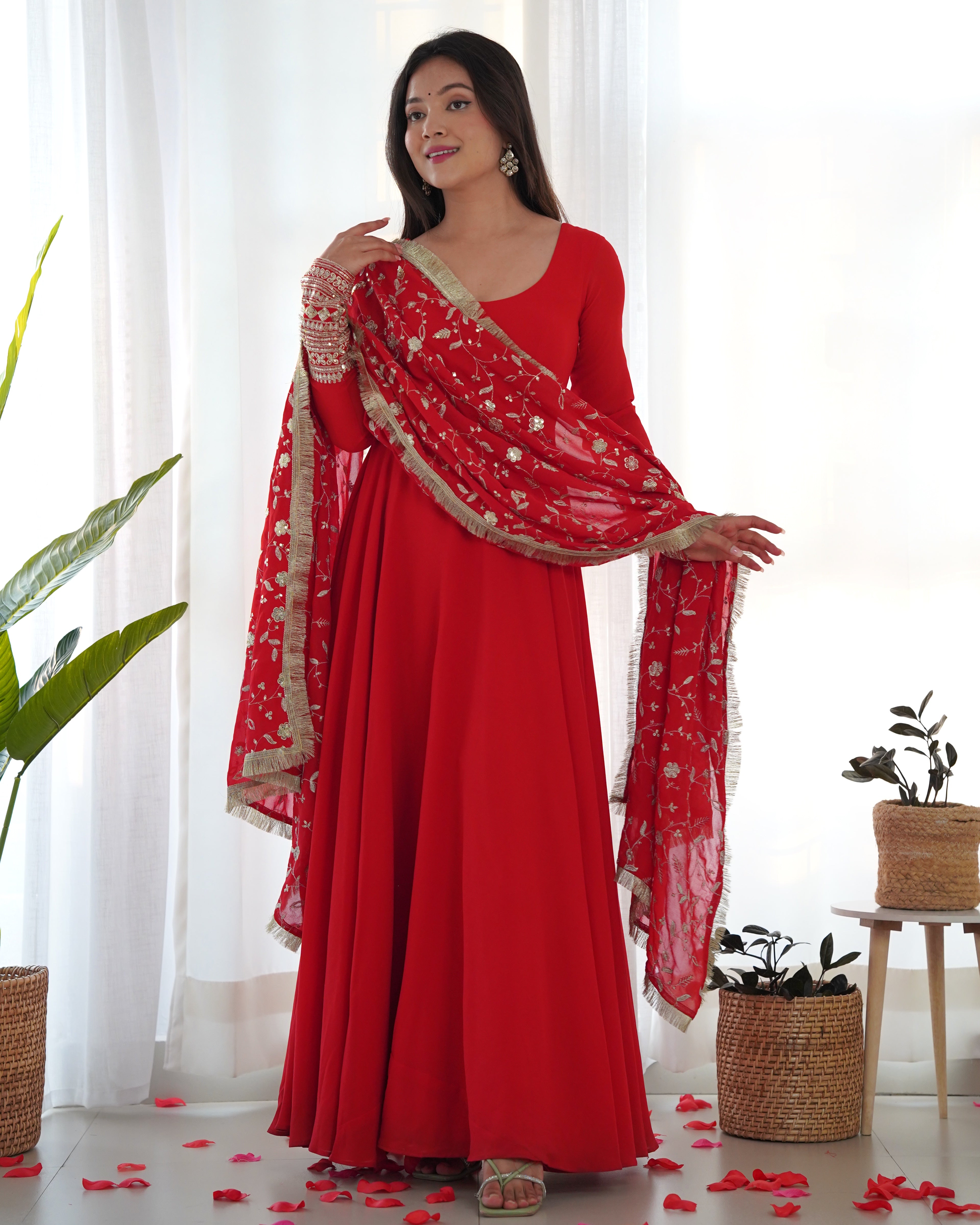 Red Designer Anarkali gown Flared Gown Wedding wear dress Full Stitched With Sequins Dupatta