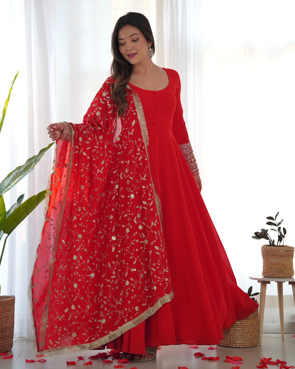 Red Designer Anarkali gown Flared Gown Wedding wear dress Full Stitched With Sequins Dupatta