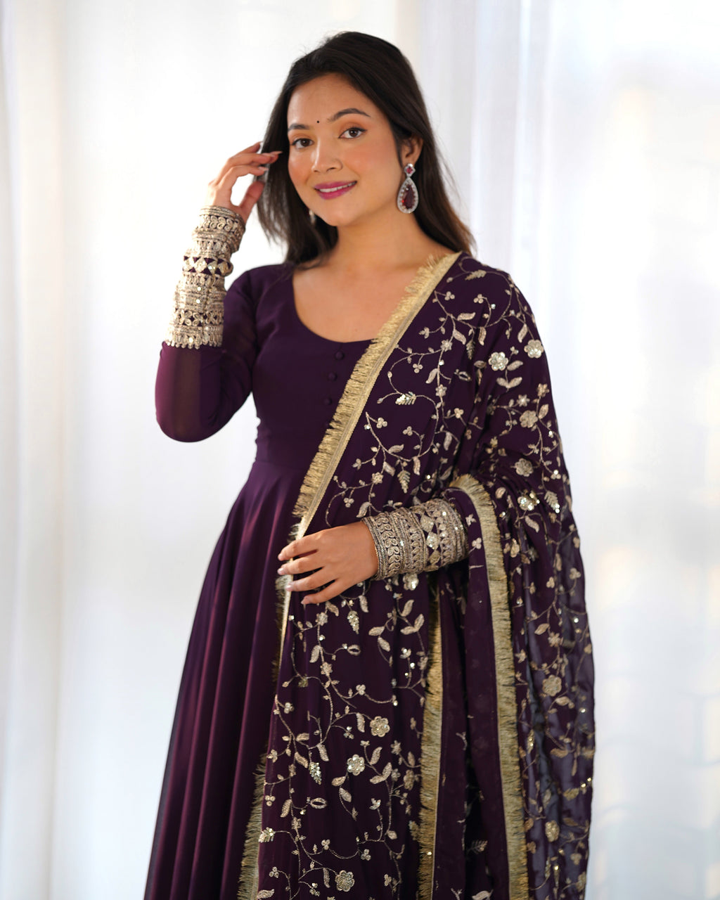 Wine Designer Anarkali gown Flared Gown Wedding wear dress Full Stitched With Sequins Dupatta