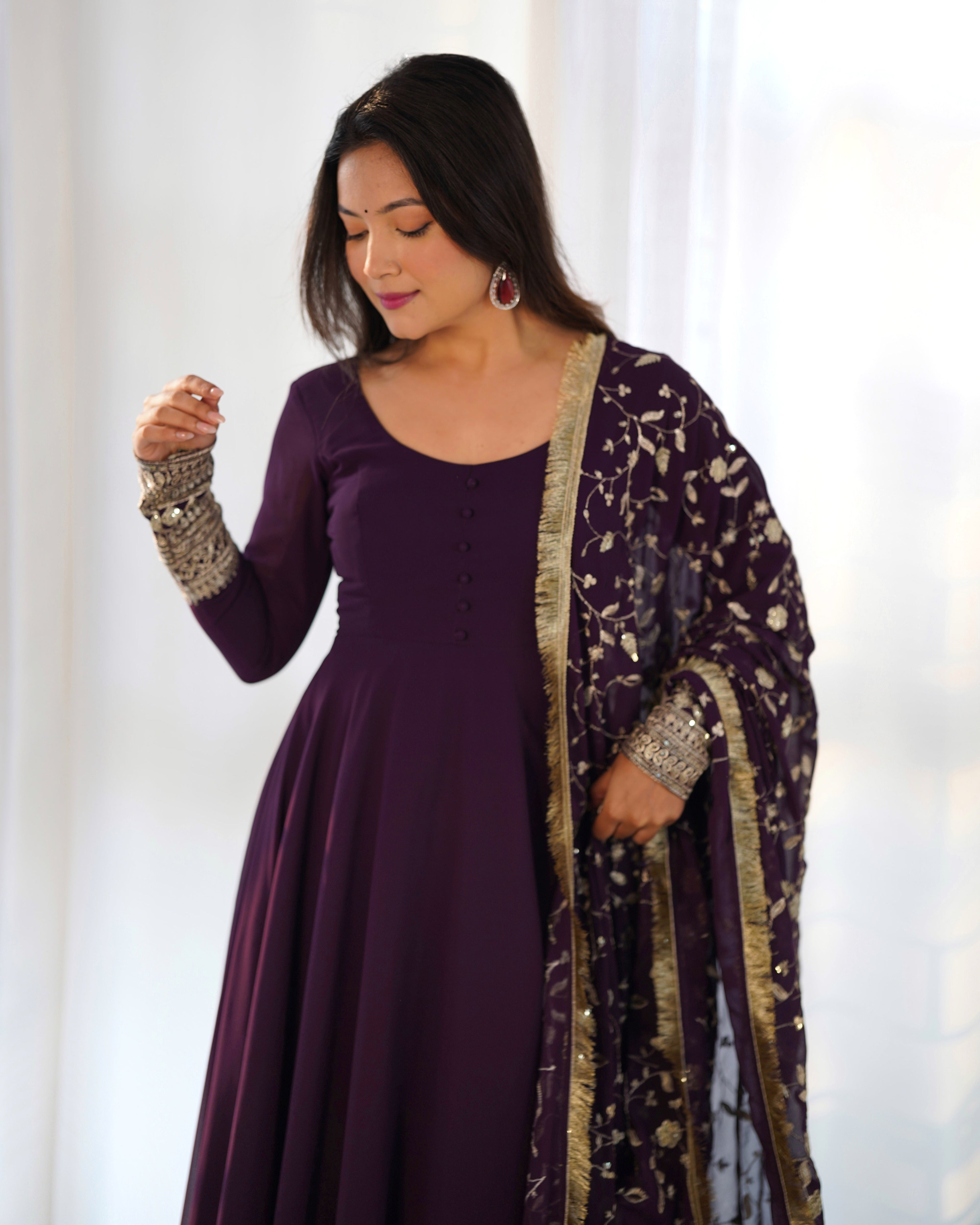 Wine Designer Anarkali gown Flared Gown Wedding wear dress Full Stitched With Sequins Dupatta