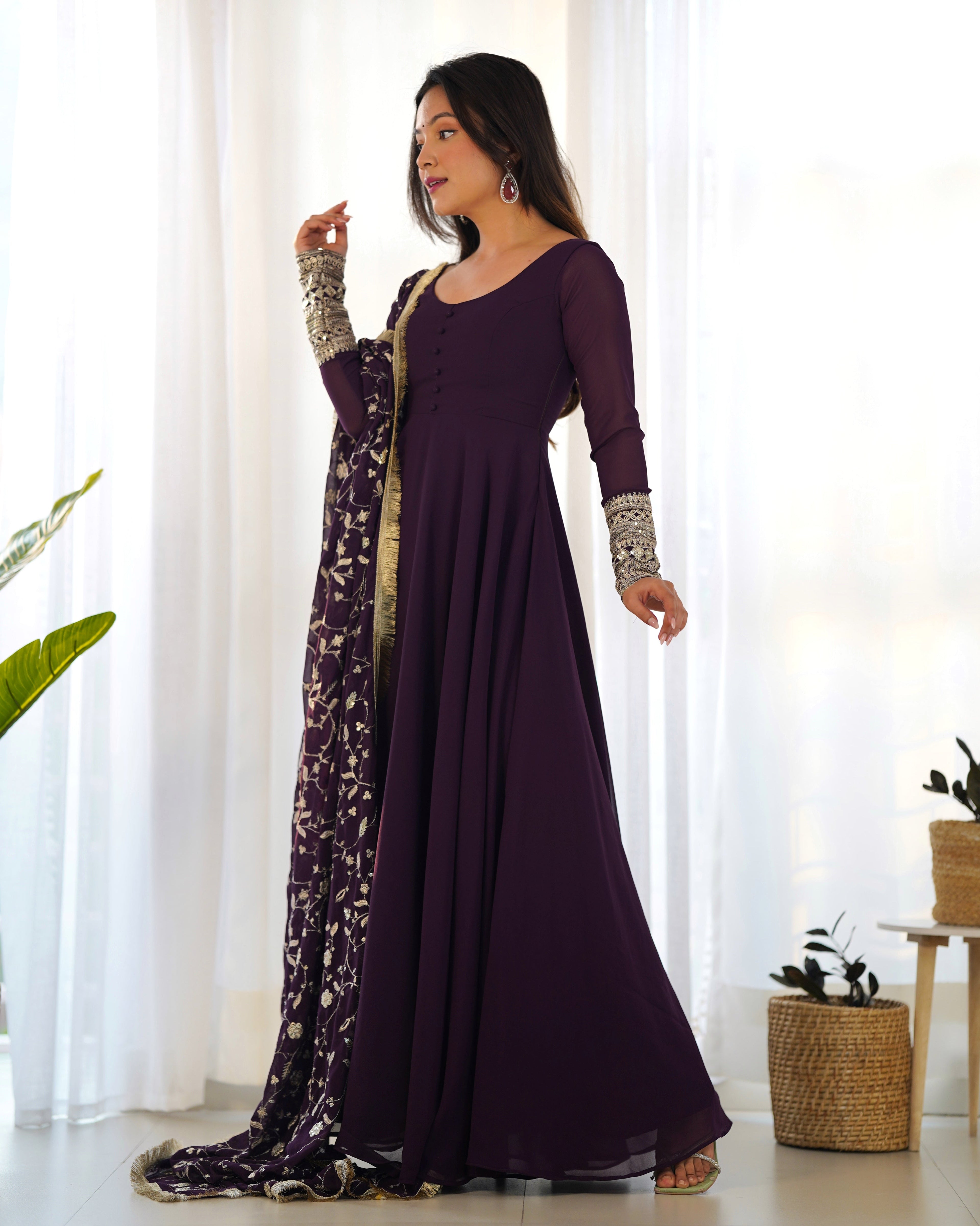 Wine Designer Anarkali gown Flared Gown Wedding wear dress Full Stitched With Sequins Dupatta