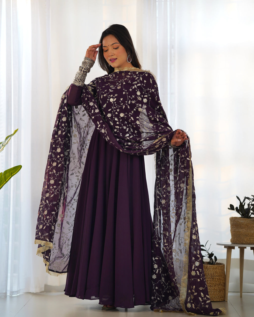 Wine Designer Anarkali gown Flared Gown Wedding wear dress Full Stitched With Sequins Dupatta