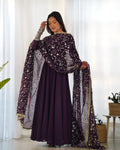 Wine Designer Anarkali gown Flared Gown Wedding wear dress Full Stitched With Sequins Dupatta