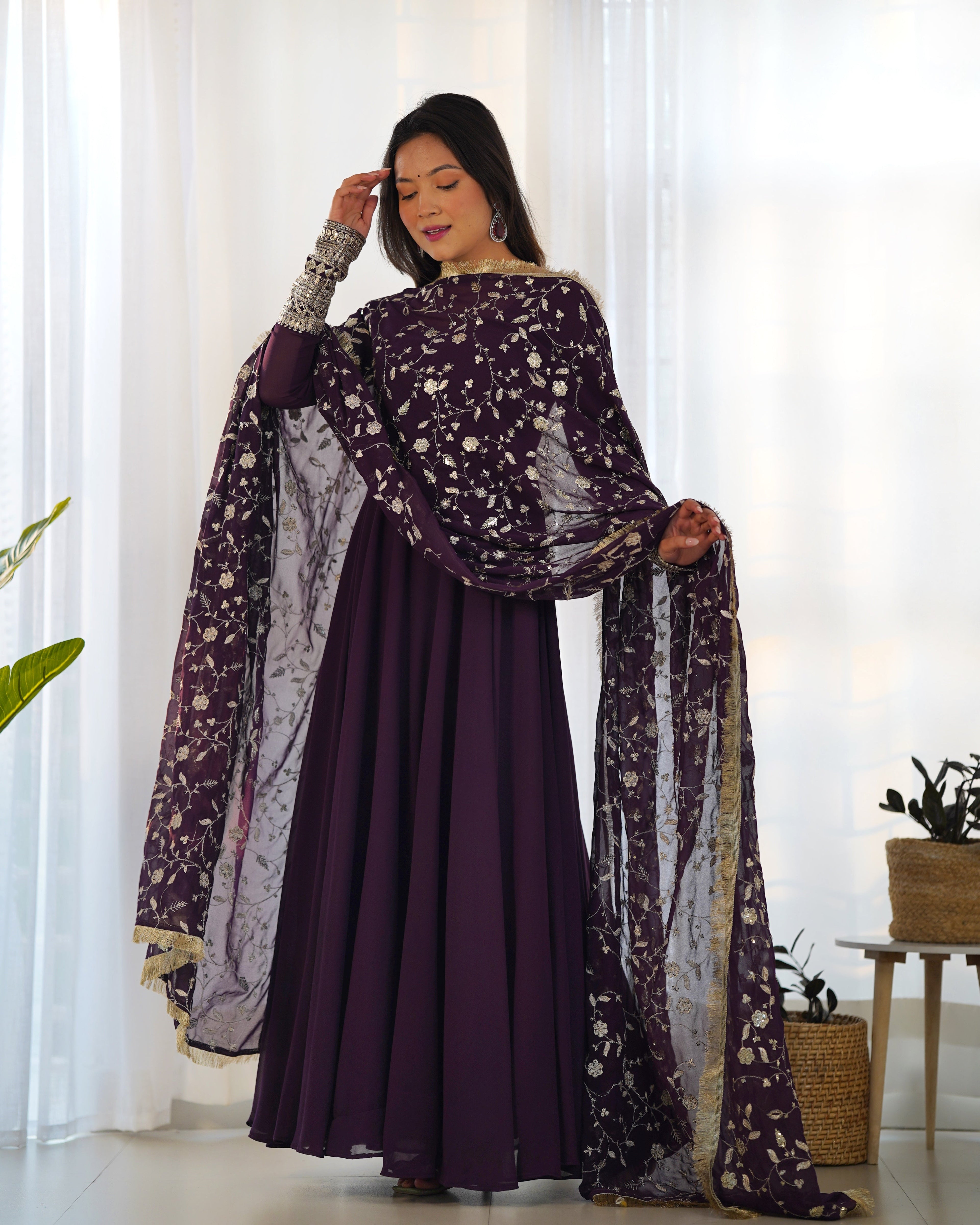 Wine Designer Anarkali gown Flared Gown Wedding wear dress Full Stitched With Sequins Dupatta