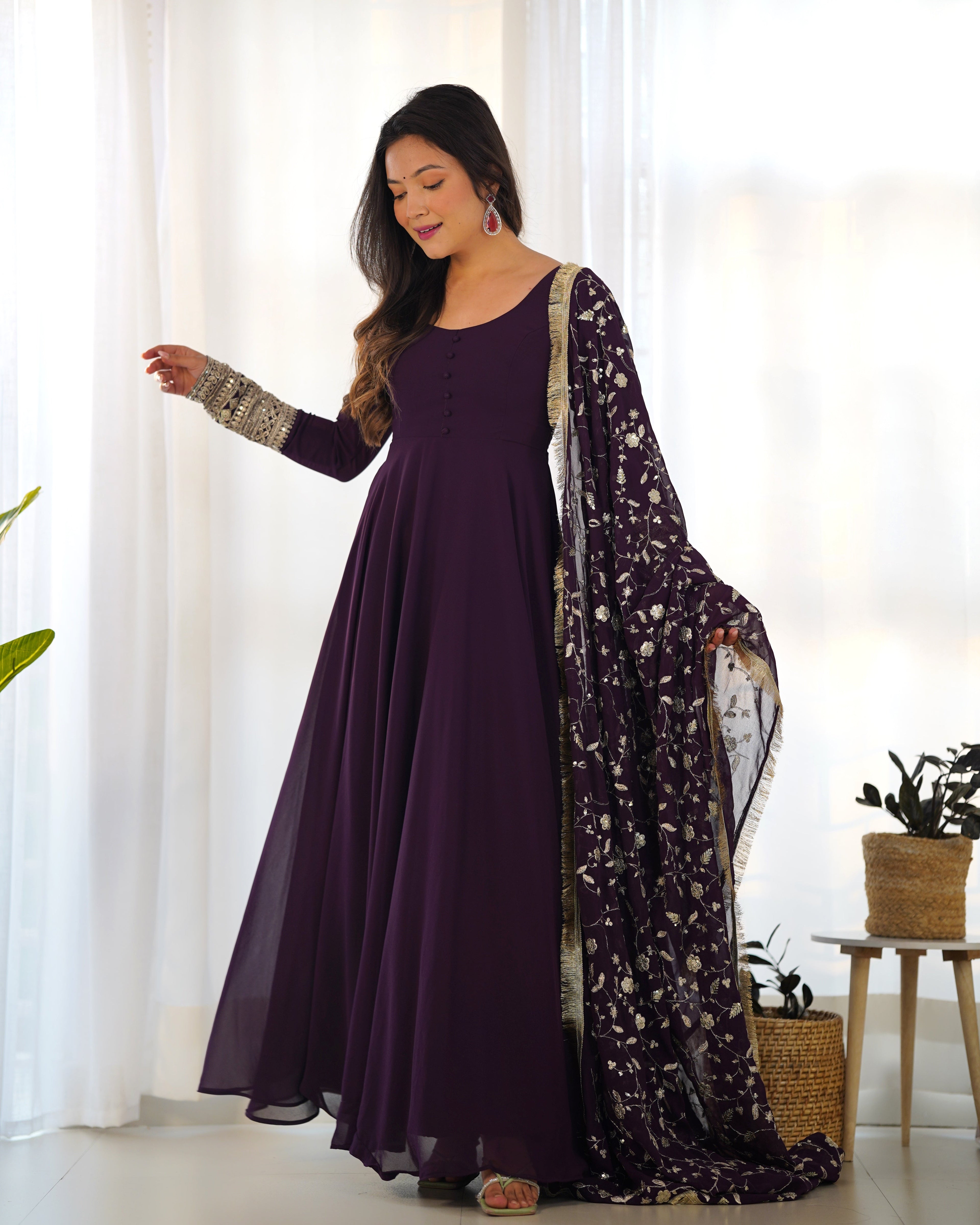 Wine Designer Anarkali gown Flared Gown Wedding wear dress Full Stitched With Sequins Dupatta