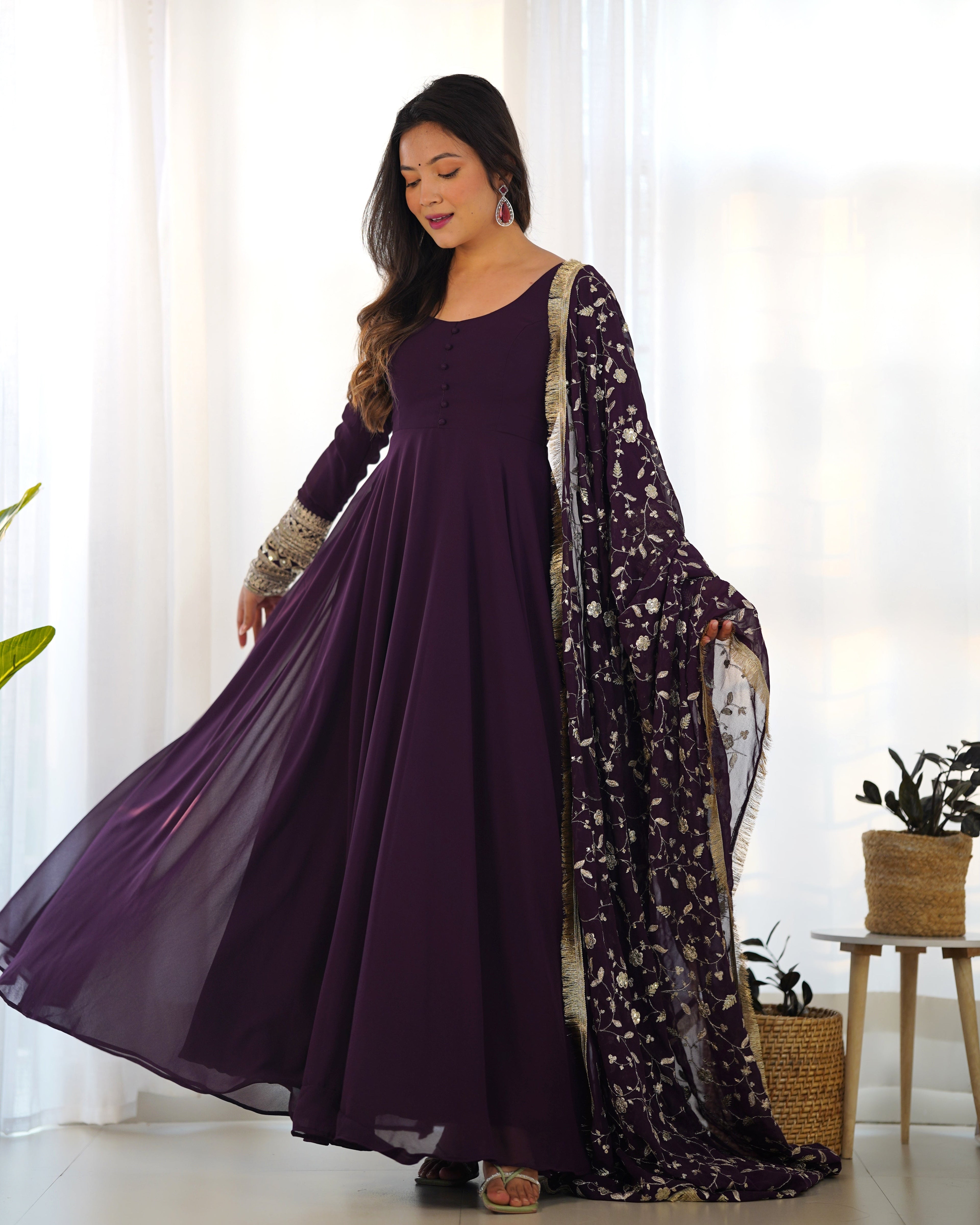 Wine Designer Anarkali gown Flared Gown Wedding wear dress Full Stitched With Sequins Dupatta