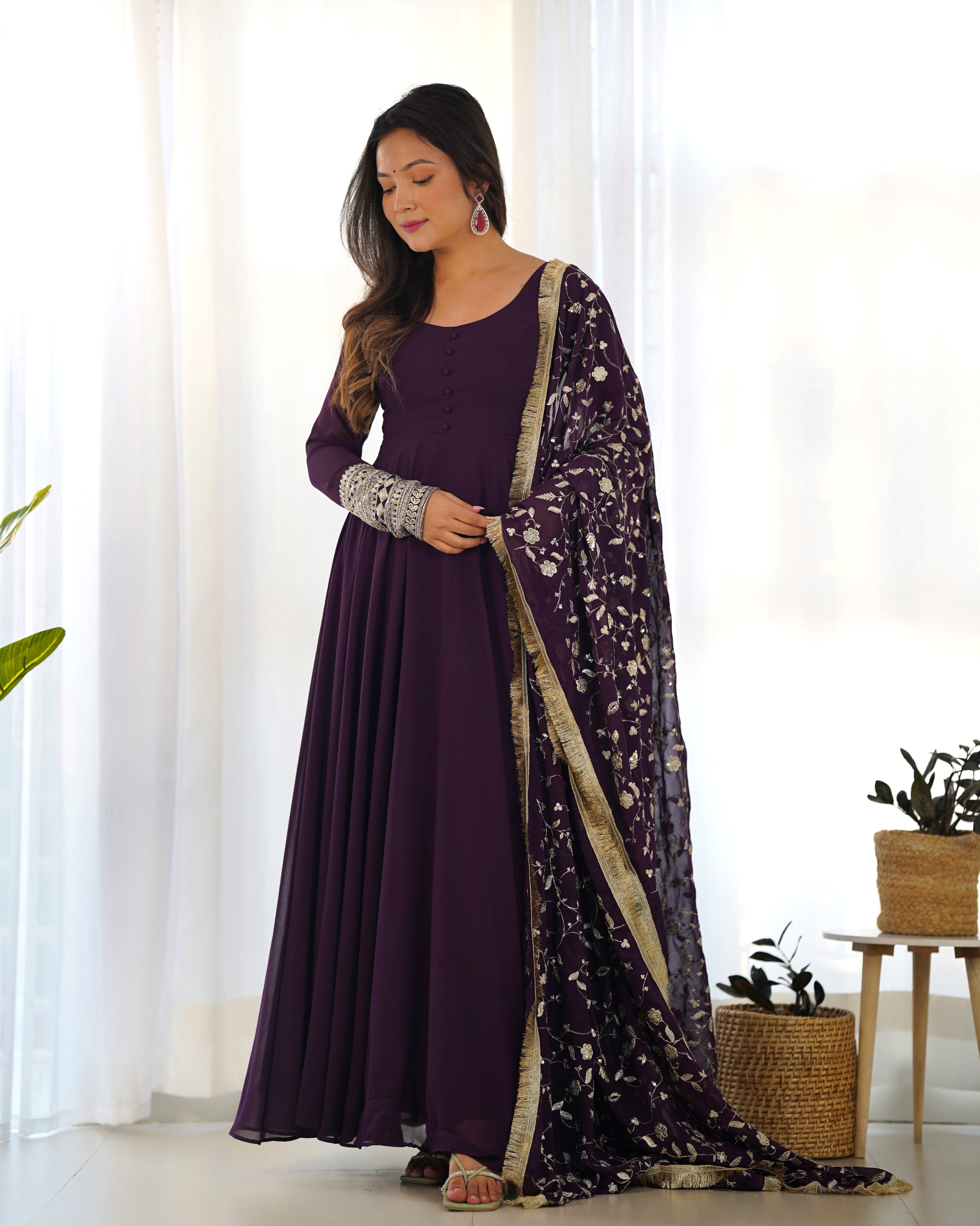 Wine Designer Anarkali gown Flared Gown Wedding wear dress Full Stitched With Sequins Dupatta