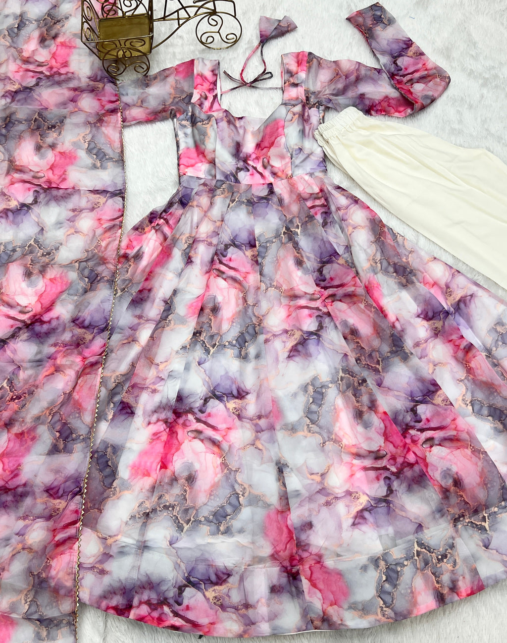 Pink Marbel Organja Silk Fabric Fully Flair Kali Pattern And Canvas Patta With Duppta Set,Pent Ready To Wear