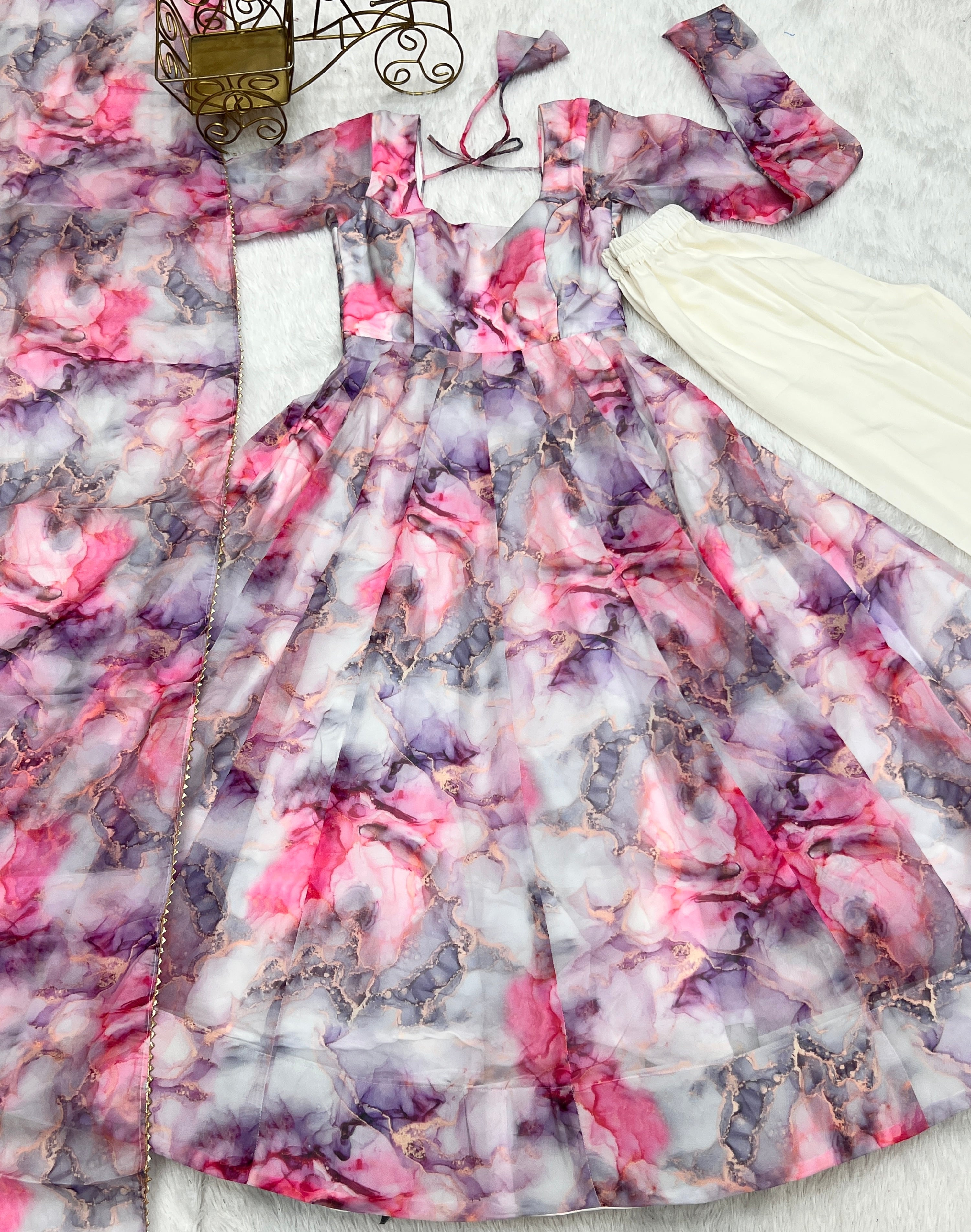Pink Marbel Organja Silk Fabric Fully Flair Kali Pattern And Canvas Patta With Duppta Set,Pent Ready To Wear