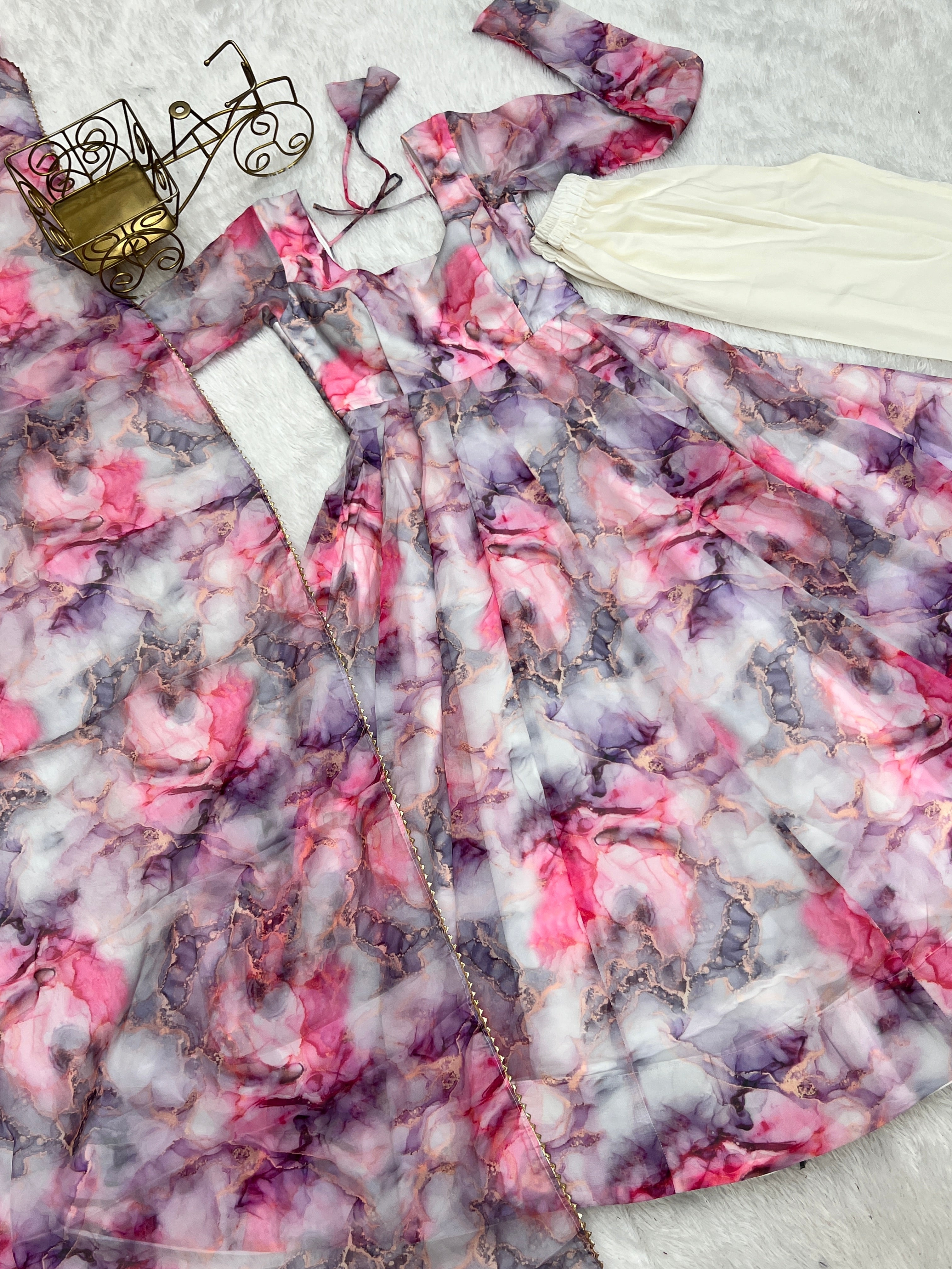 Pink Marbel Organja Silk Fabric Fully Flair Kali Pattern And Canvas Patta With Duppta Set,Pent Ready To Wear