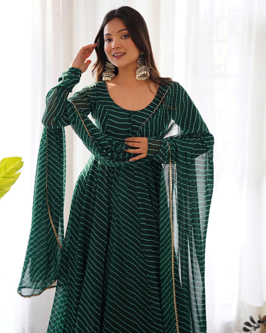 Green Potli Button Design Anarkali gown Flared Gown Wedding wear dress Full Stitched With Sequins Dupatta