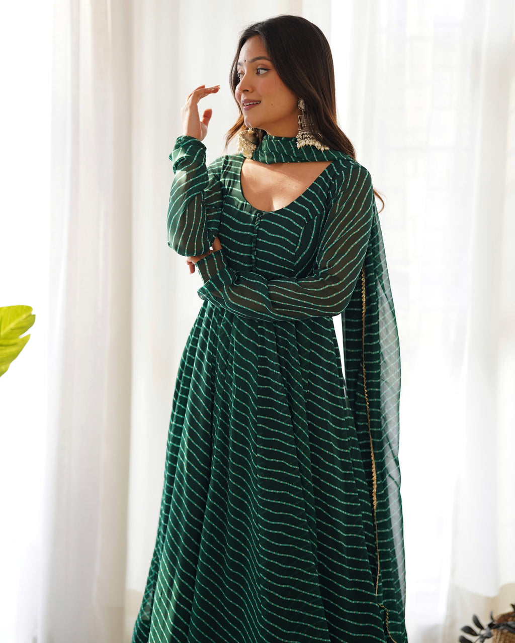 Green Potli Button Design Anarkali gown Flared Gown Wedding wear dress Full Stitched With Sequins Dupatta