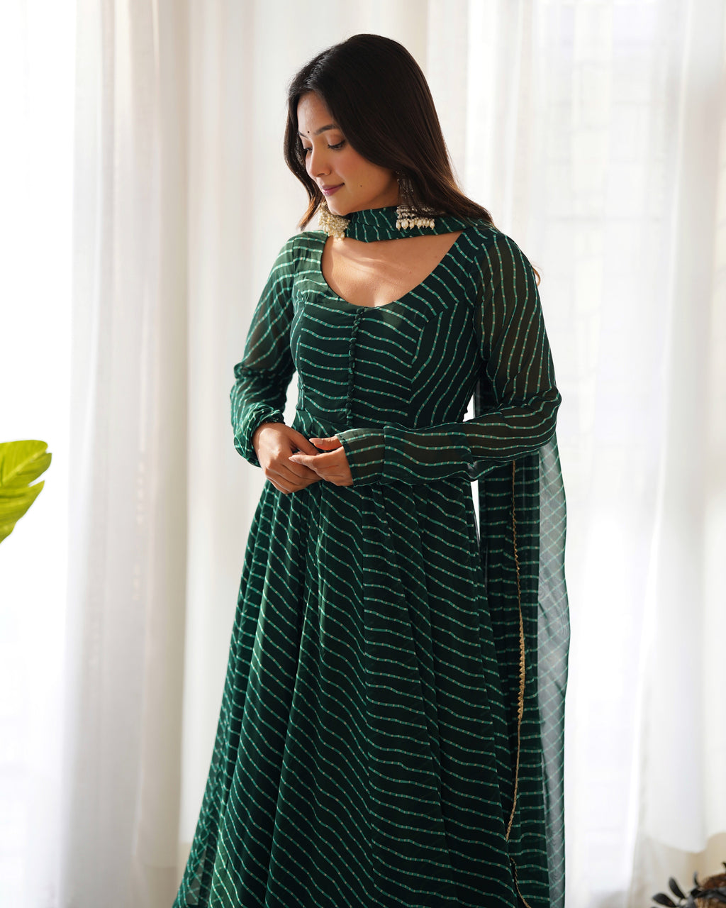 Green Potli Button Design Anarkali gown Flared Gown Wedding wear dress Full Stitched With Sequins Dupatta