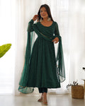 Green Potli Button Design Anarkali gown Flared Gown Wedding wear dress Full Stitched With Sequins Dupatta