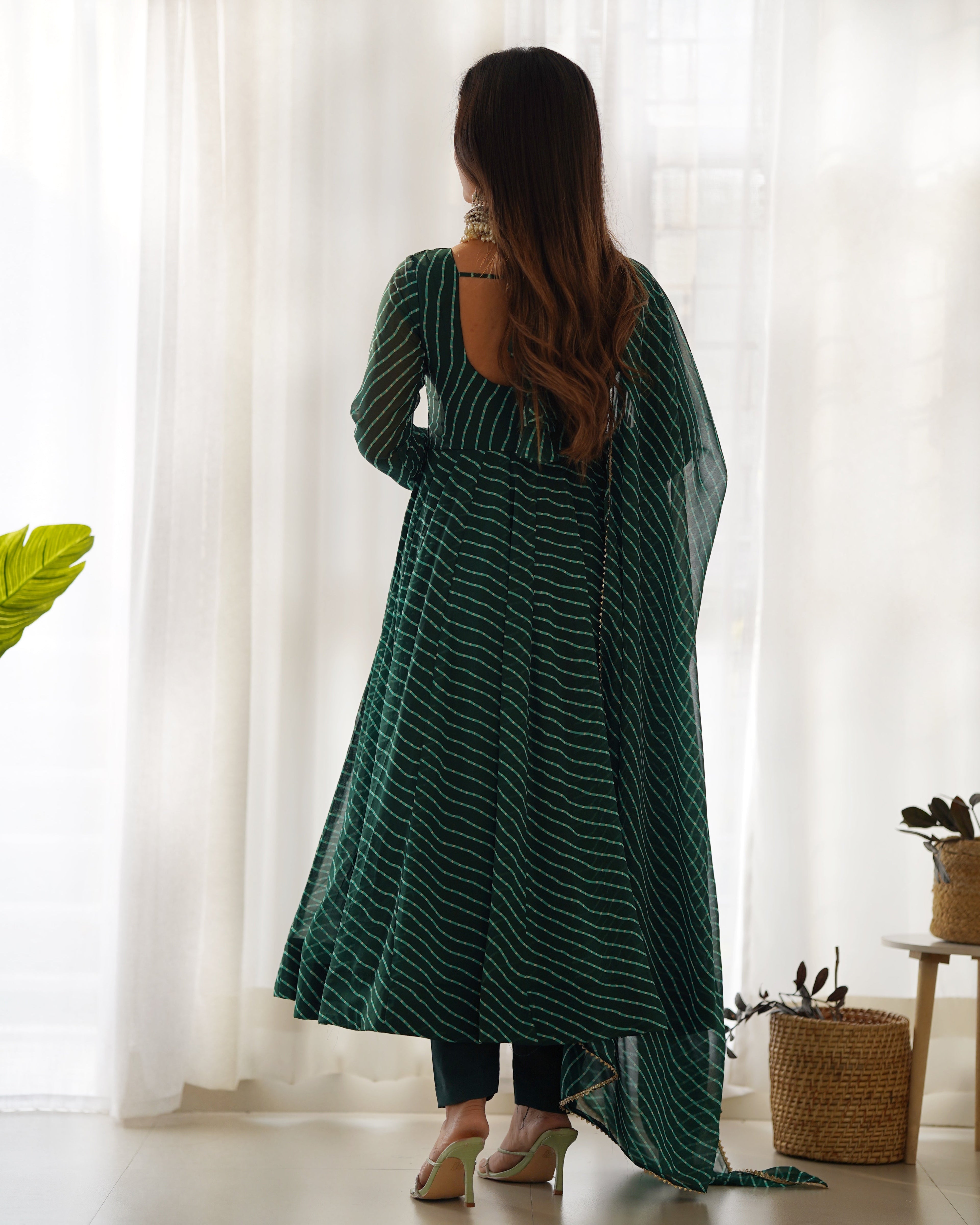 Green Potli Button Design Anarkali gown Flared Gown Wedding wear dress Full Stitched With Sequins Dupatta