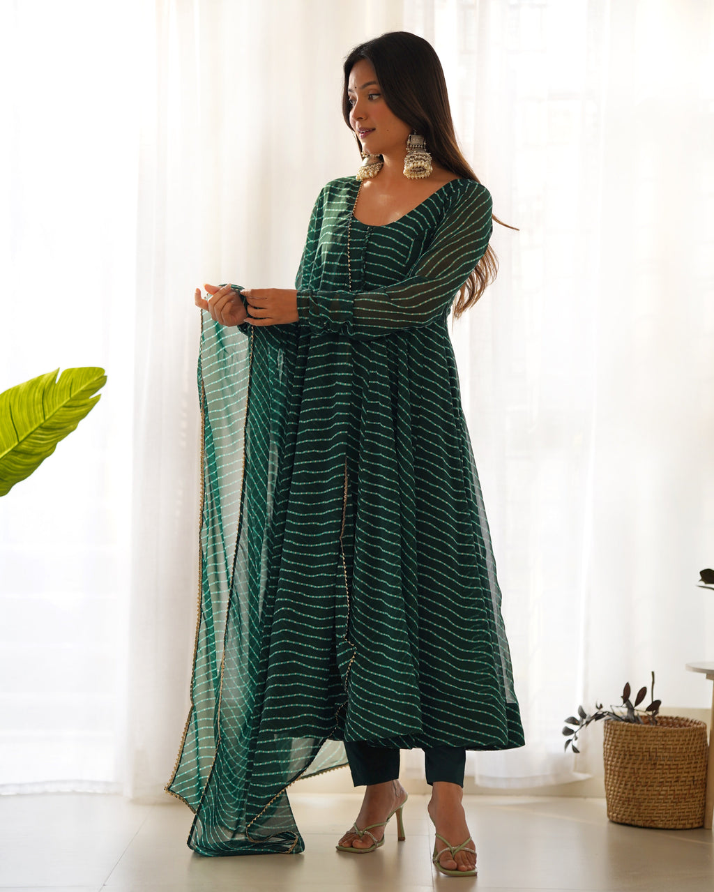 Green Potli Button Design Anarkali gown Flared Gown Wedding wear dress Full Stitched With Sequins Dupatta