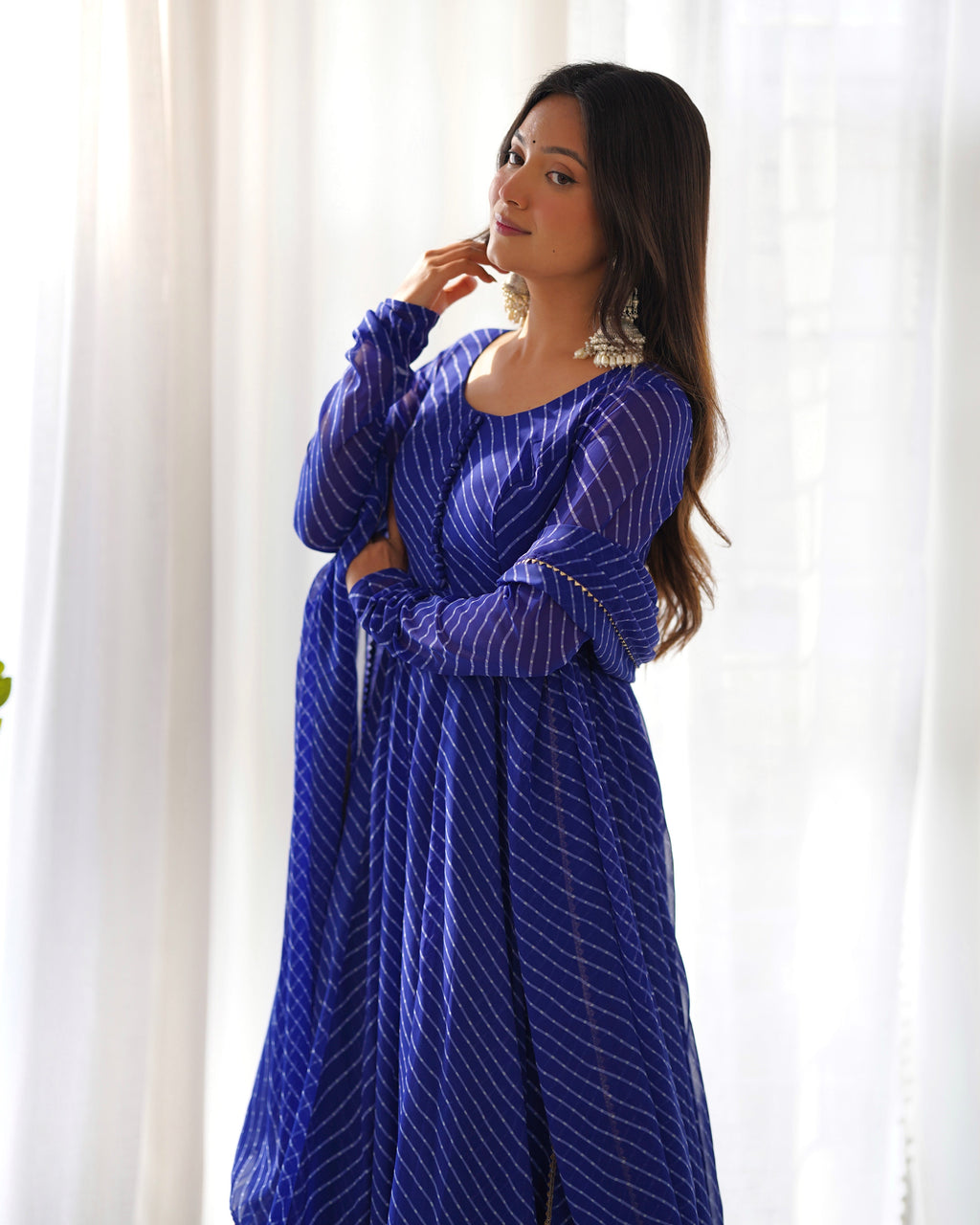 Royal Blue Potli Button Design Anarkali gown Flared Gown Wedding wear dress Full Stitched With Sequins Dupatta