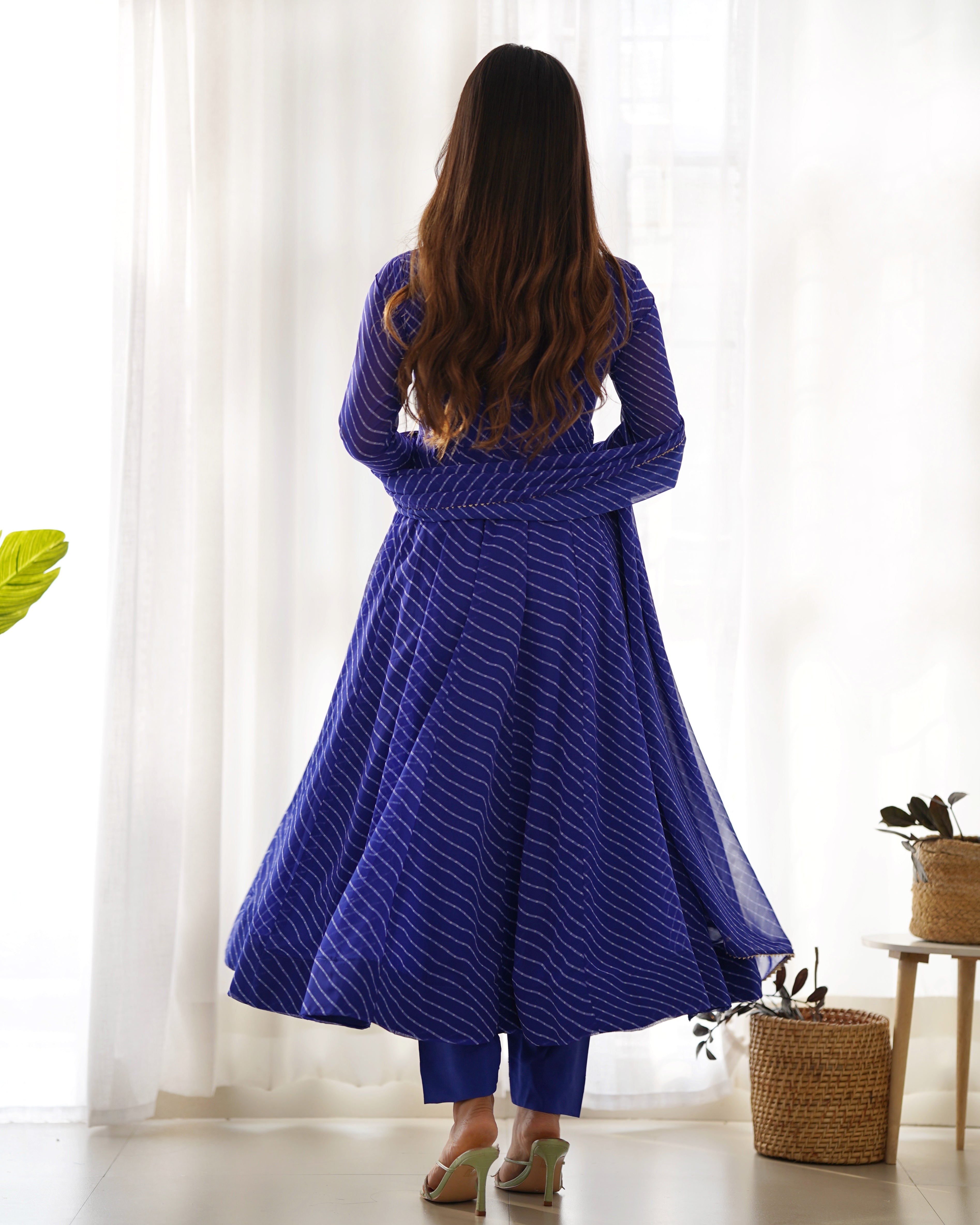 Royal Blue Potli Button Design Anarkali gown Flared Gown Wedding wear dress Full Stitched With Sequins Dupatta