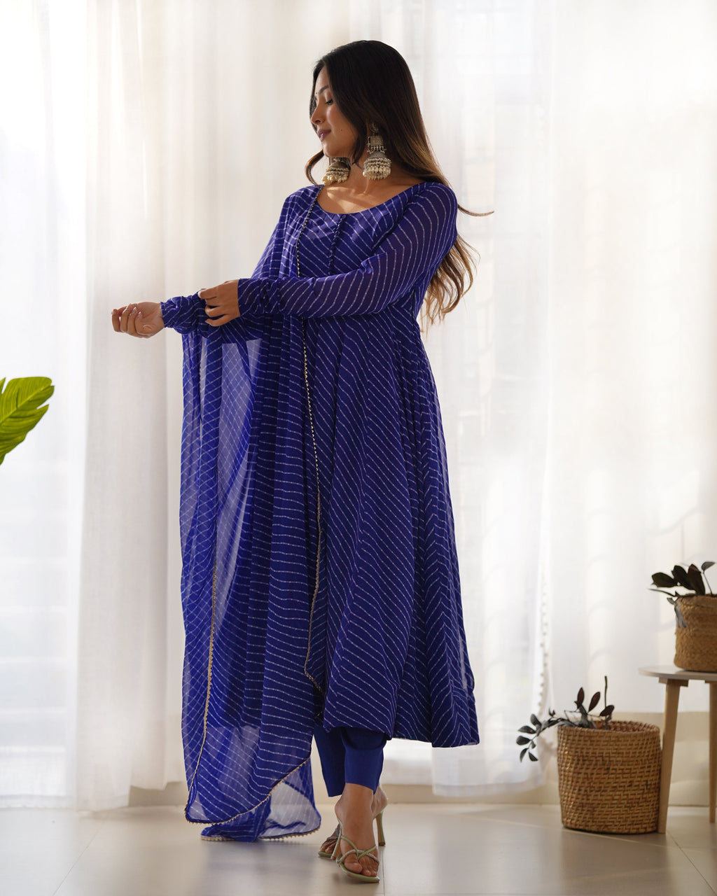 Royal Blue Potli Button Design Anarkali gown Flared Gown Wedding wear dress Full Stitched With Sequins Dupatta