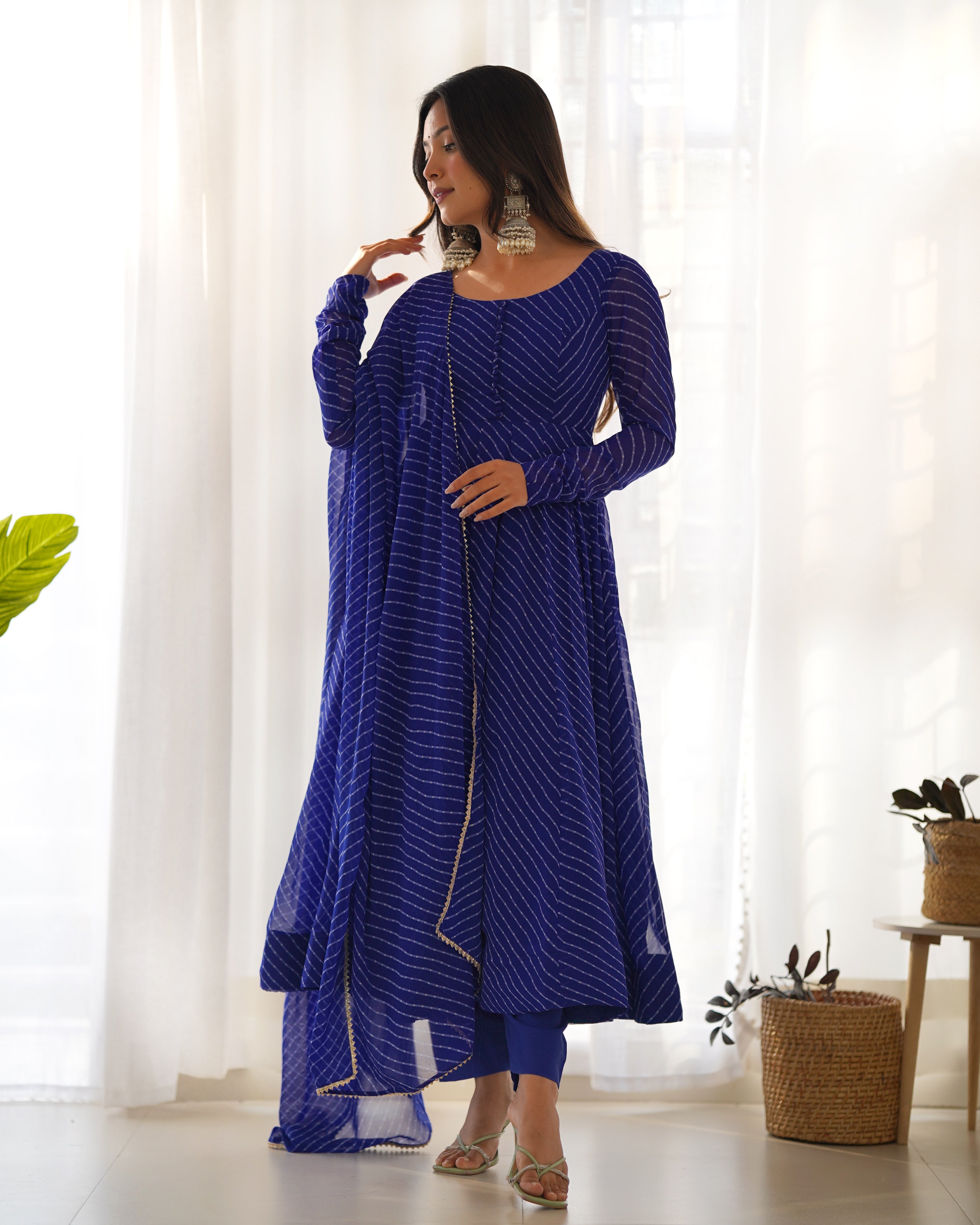 Royal Blue Potli Button Design Anarkali gown Flared Gown Wedding wear dress Full Stitched With Sequins Dupatta