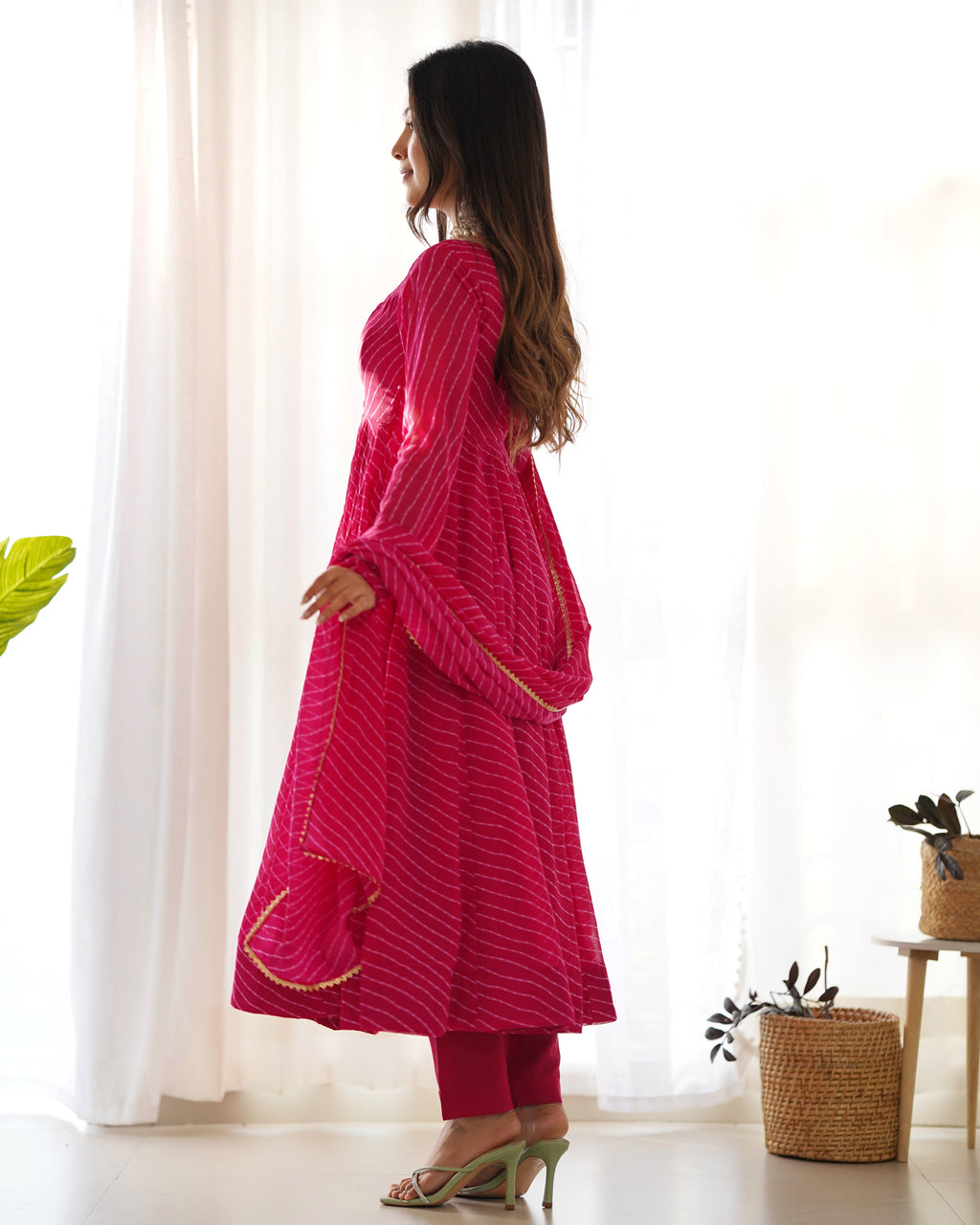 Pink Potli Button Design Anarkali gown Flared Gown Wedding wear dress Full Stitched With Sequins Dupatta