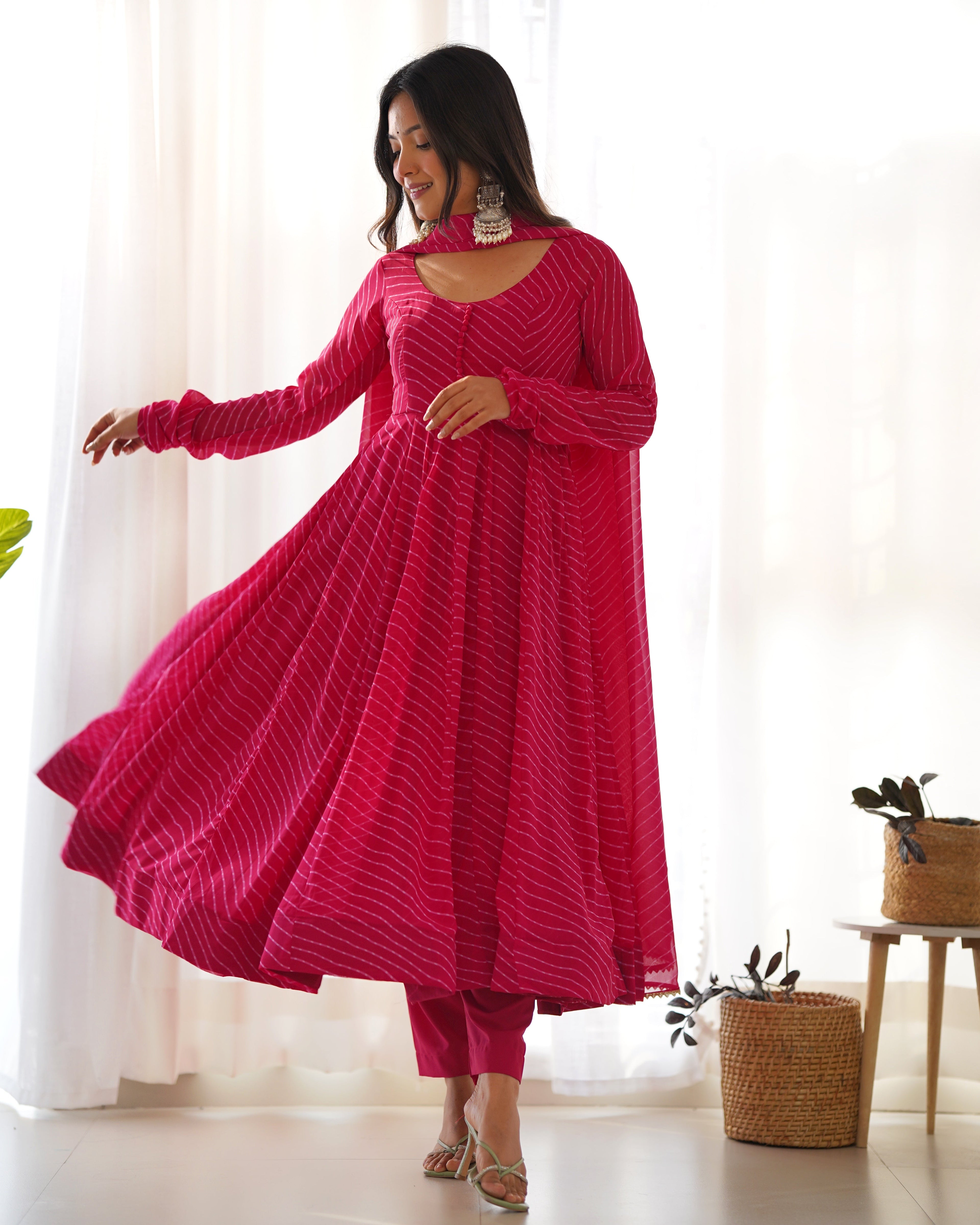 Pink Potli Button Design Anarkali gown Flared Gown Wedding wear dress Full Stitched With Sequins Dupatta