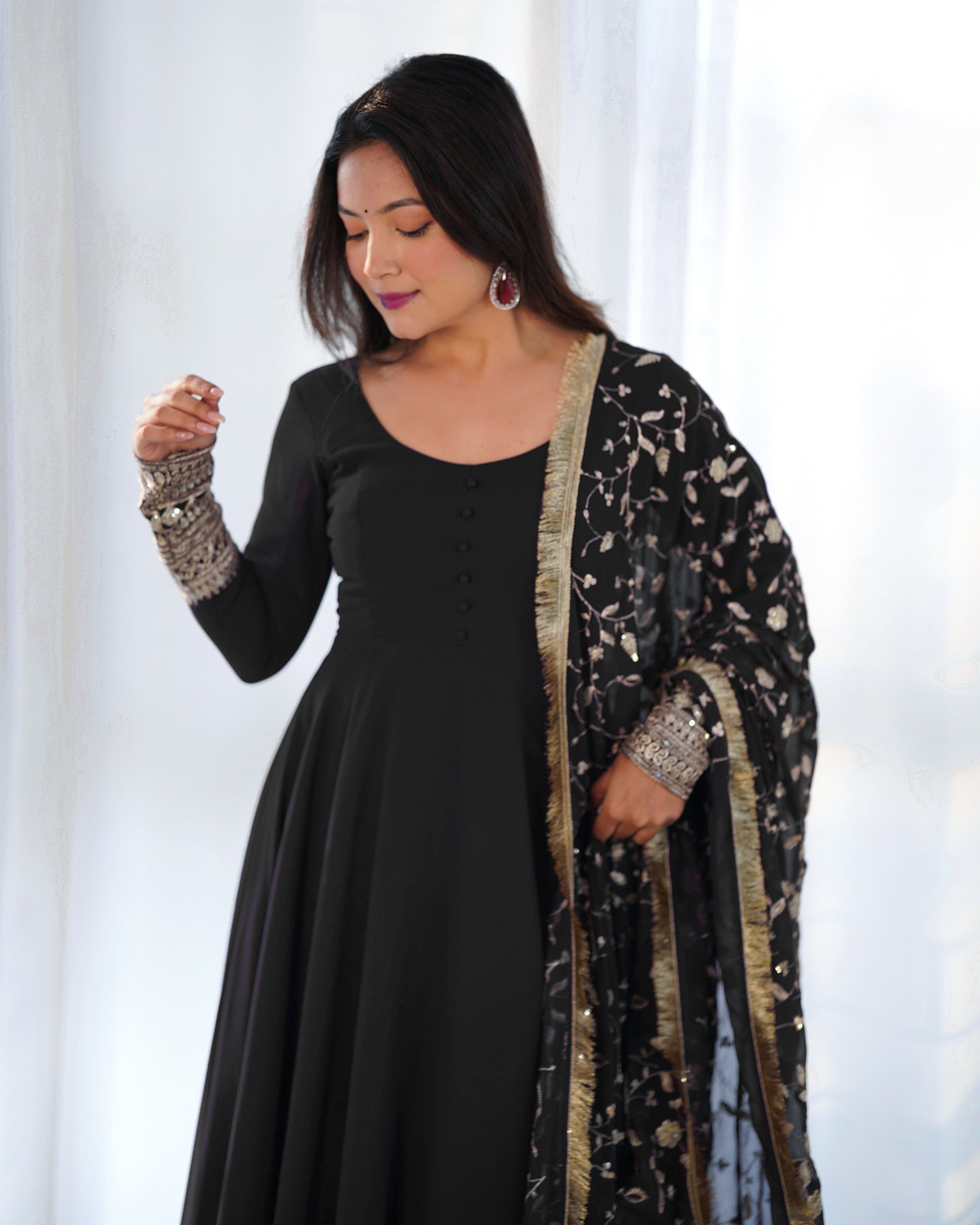 Black Designer Anarkali gown Flared Gown Wedding wear dress Full Stitched With Sequins Dupatta