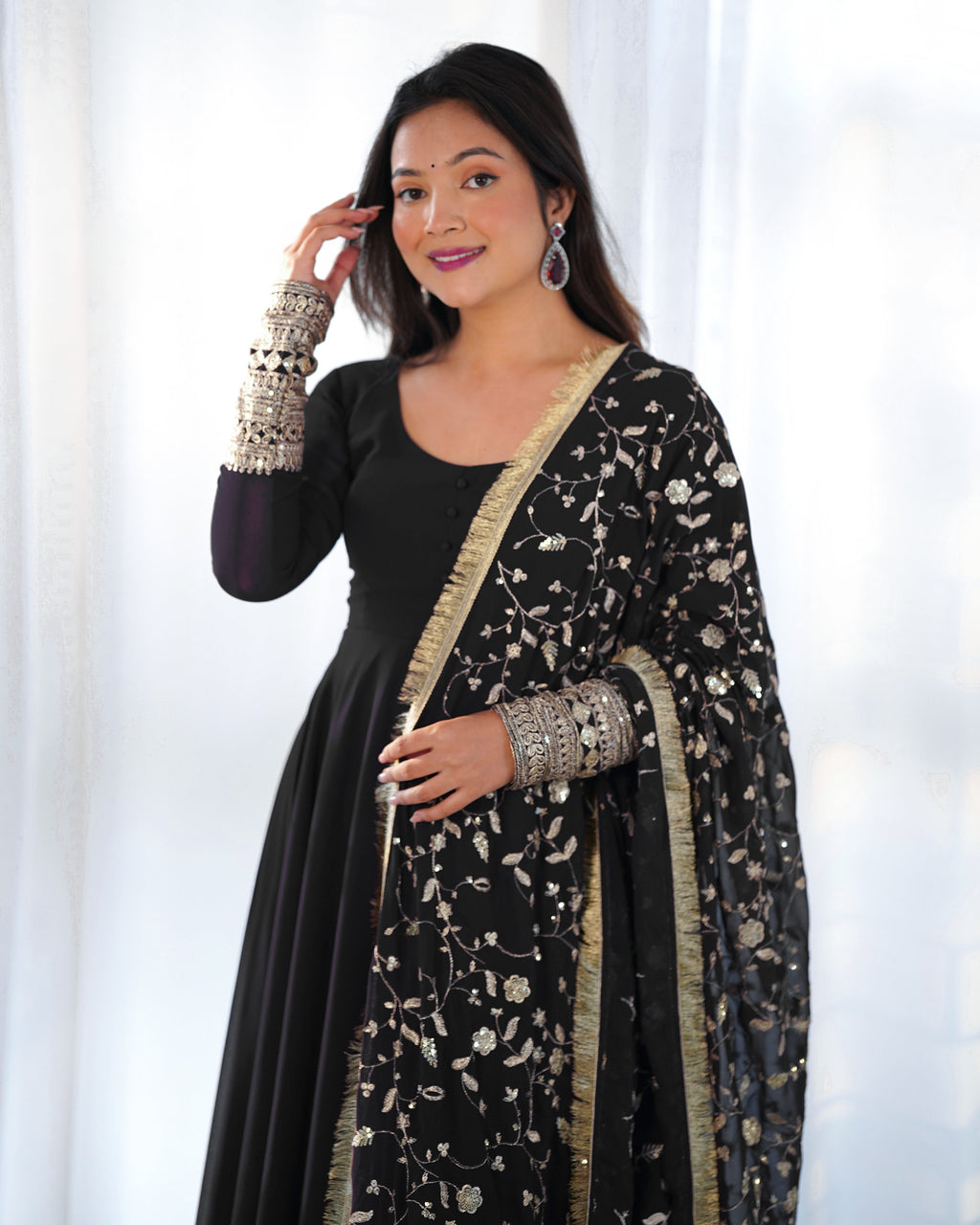 Black Designer Anarkali gown Flared Gown Wedding wear dress Full Stitched With Sequins Dupatta